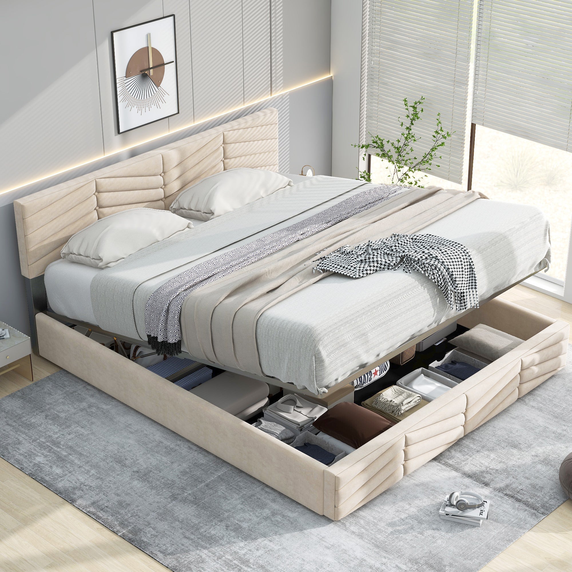 Upholstered Bed 140x200cm Adjustable Headboard Slatted Base - Dutch Velvet Beige