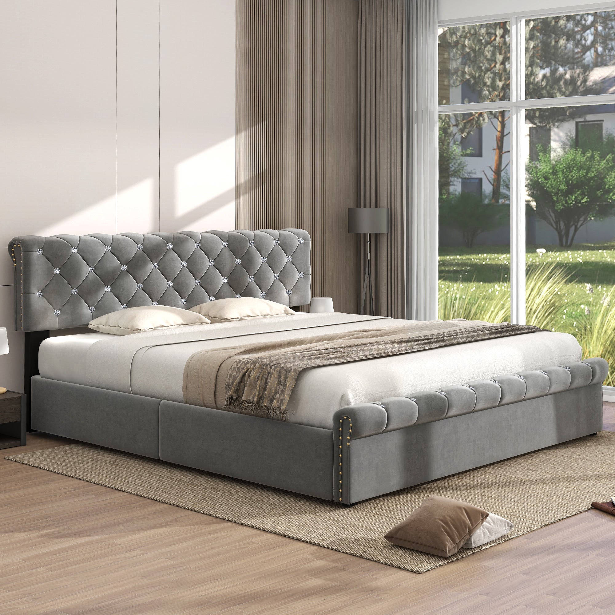 Upholstered Bed with Adjustable Headboard and Slatted Base, 160x200cm, Grey Velvet