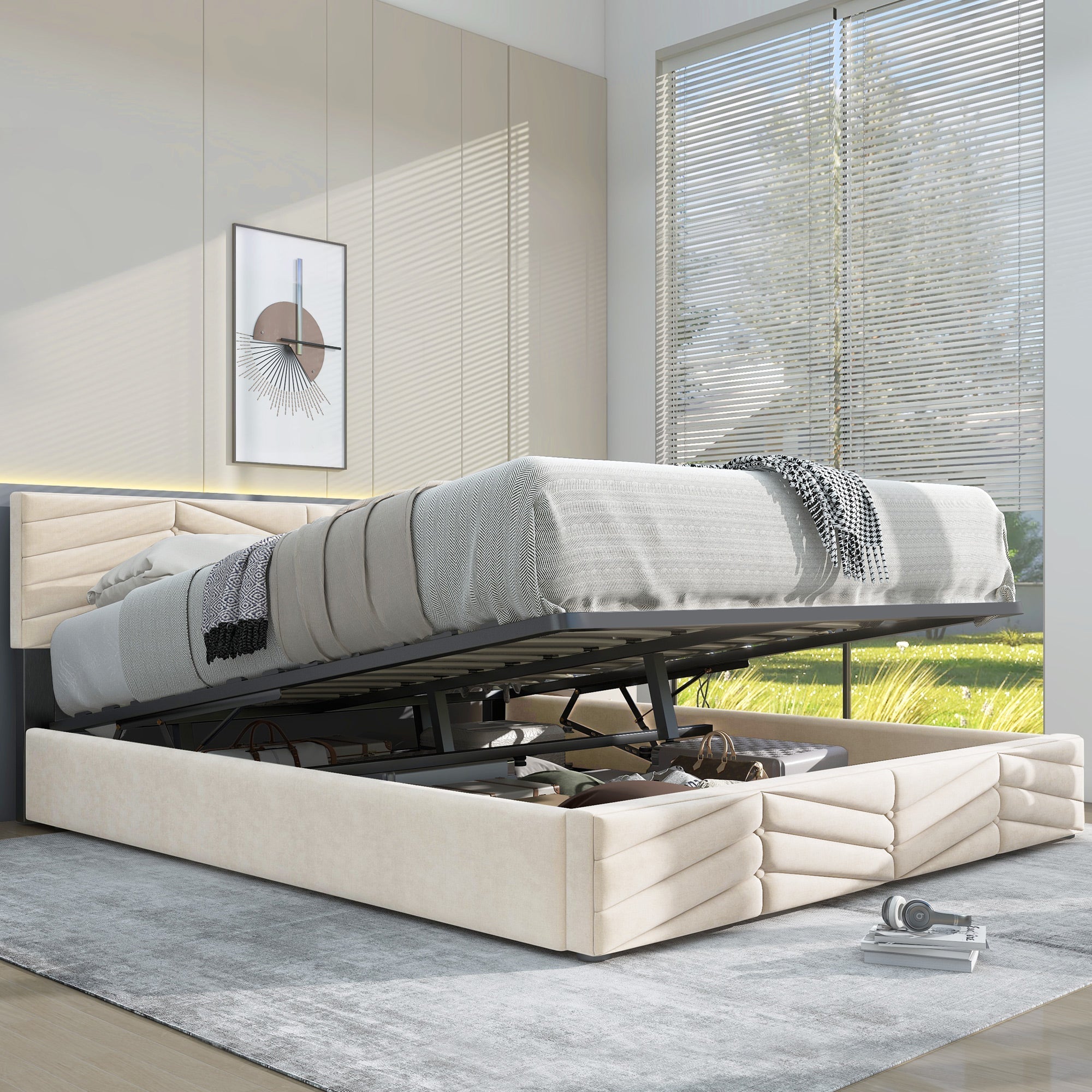 Upholstered Bed 140x200cm Adjustable Headboard Slatted Base - Dutch Velvet Beige