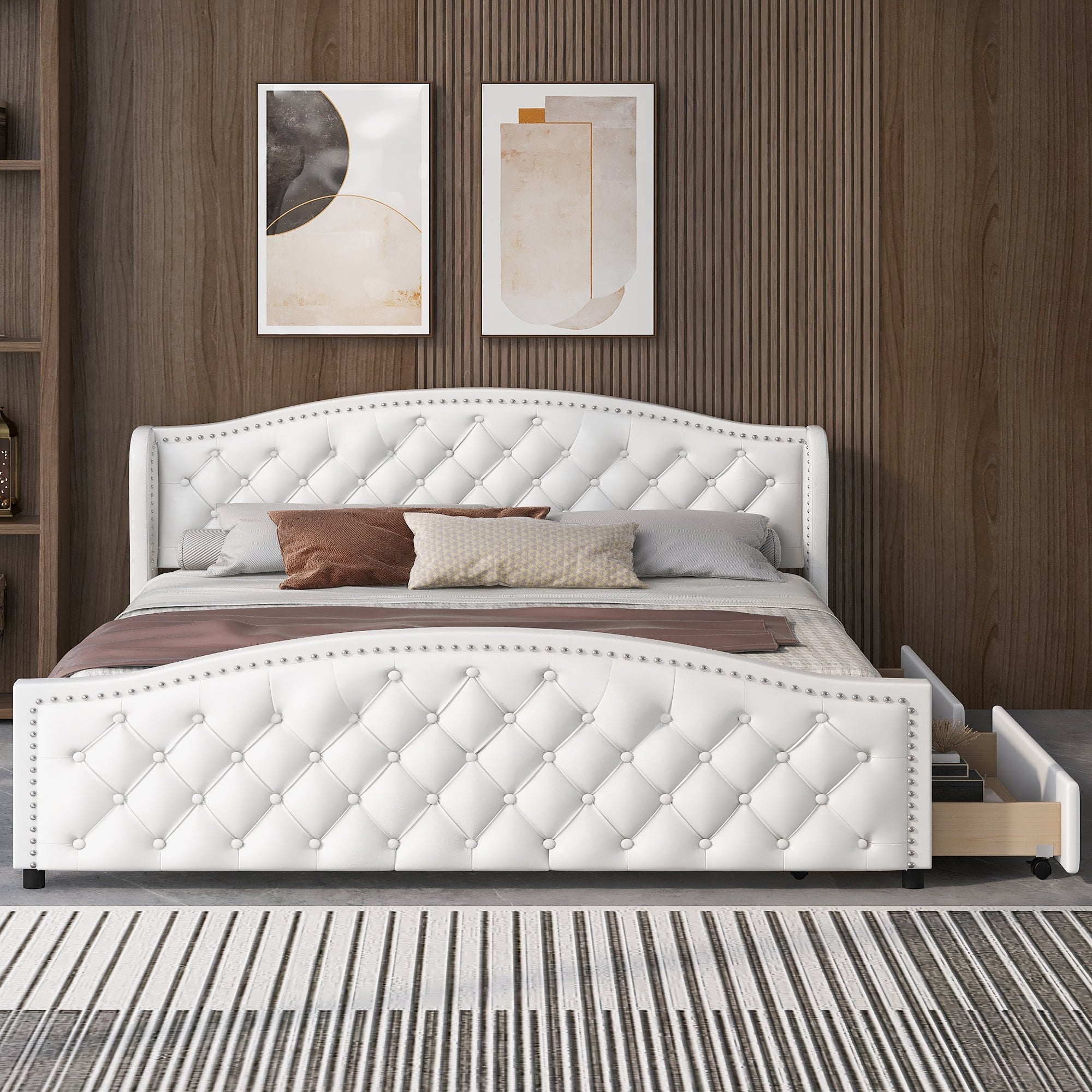 Upholstered Bed 180x200 Storage 2 Drawers High Headboard - PU White