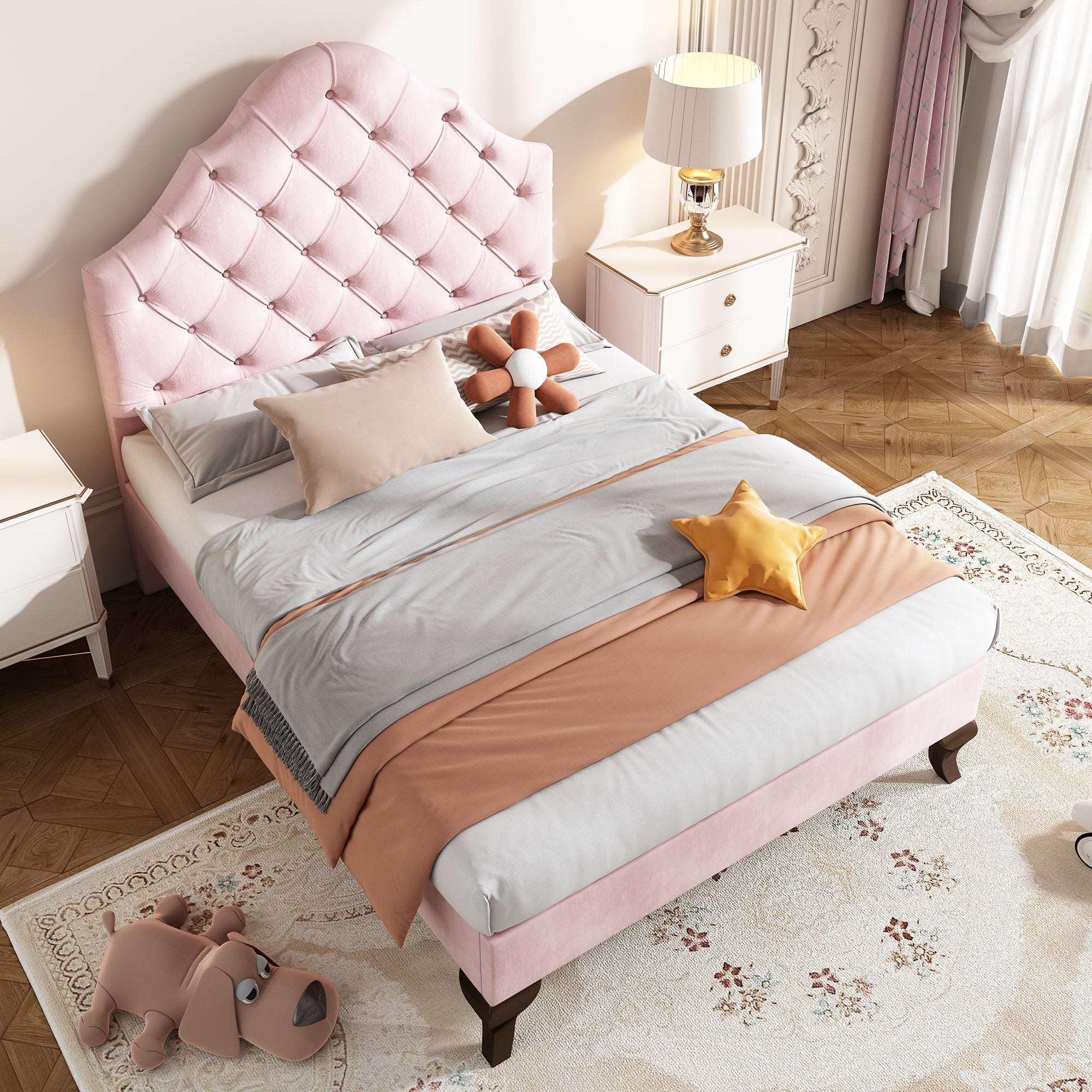 Upholstered Single Bed 90x200 Height-Adjustable Headboard Slatted Base Velvet Pink