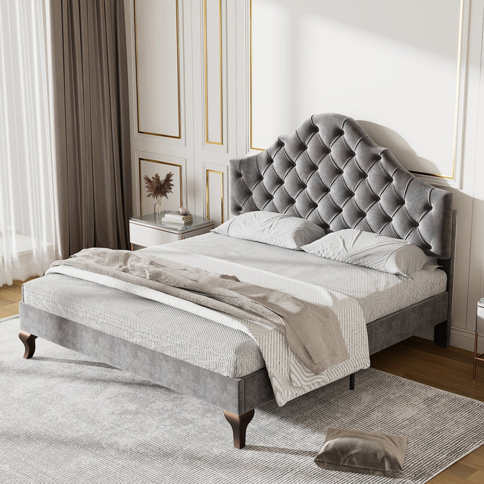 Upholstered Bed with Slatted Frame and Height-Adjustable Headboard, 140x200, Gray Velvet
