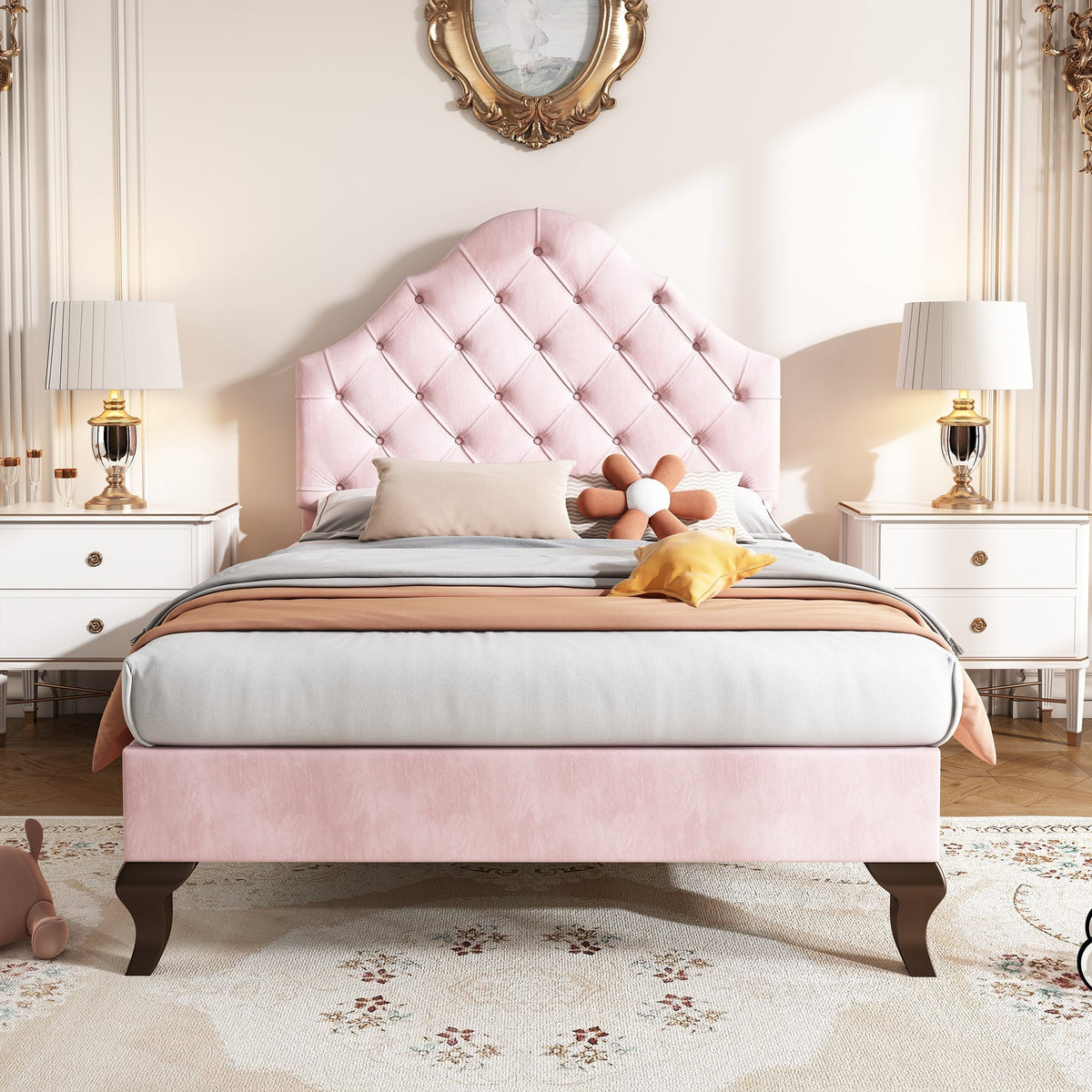 Upholstered Single Bed 90x200 Height-Adjustable Headboard Slatted Base Velvet Pink