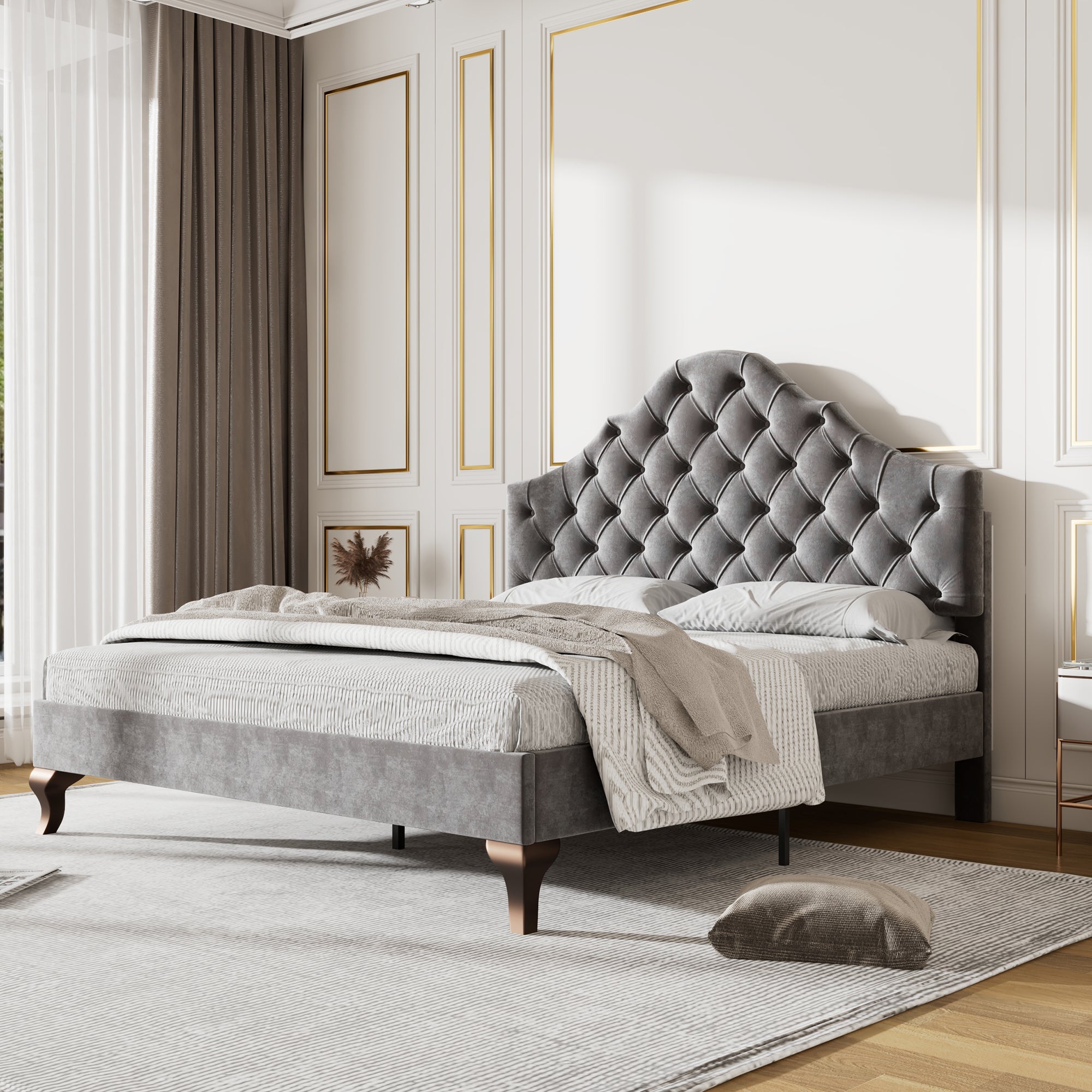 Upholstered Bed with Slatted Frame and Height-Adjustable Headboard, 140x200, Gray Velvet