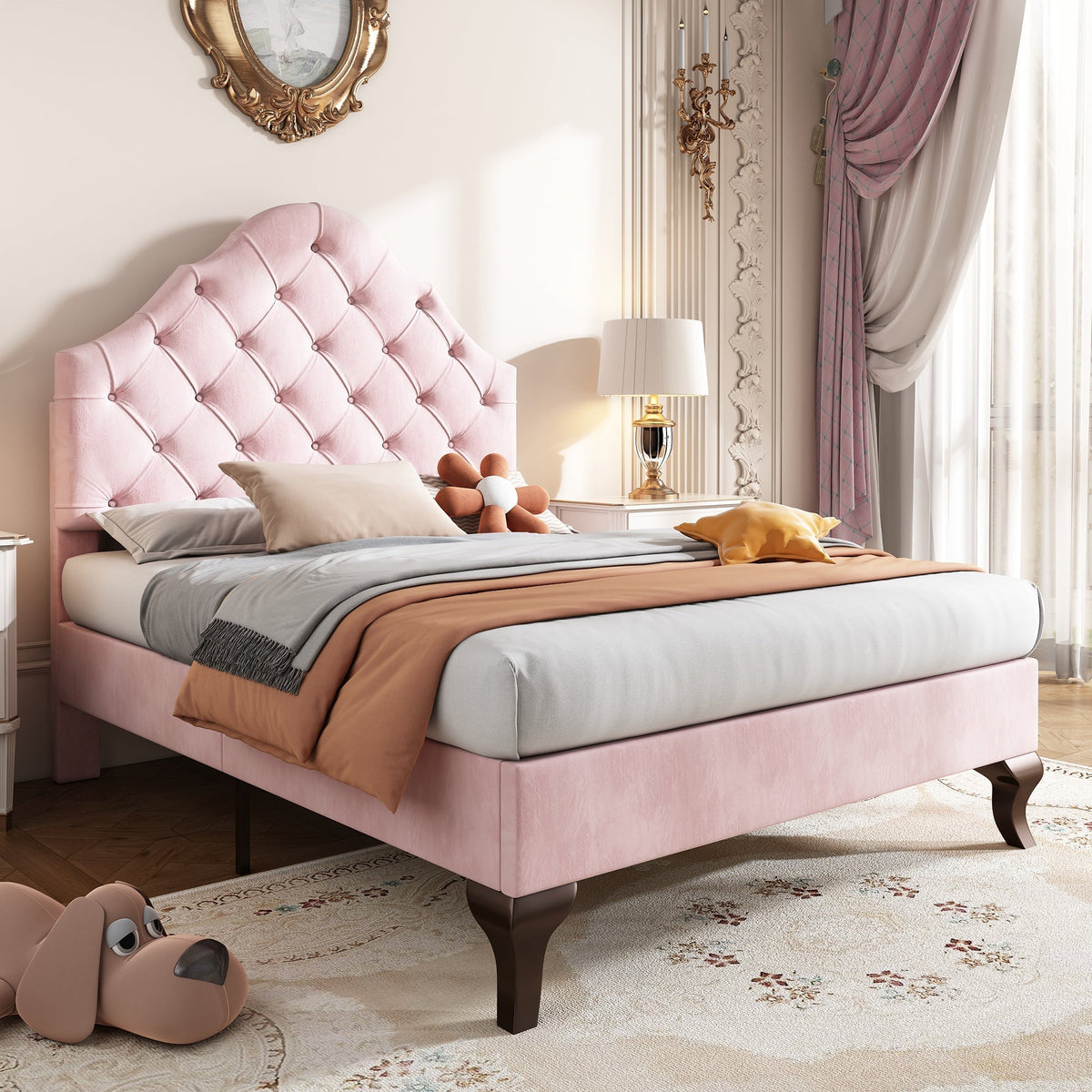 Upholstered Single Bed 90x200 Height-Adjustable Headboard Slatted Base Velvet Pink