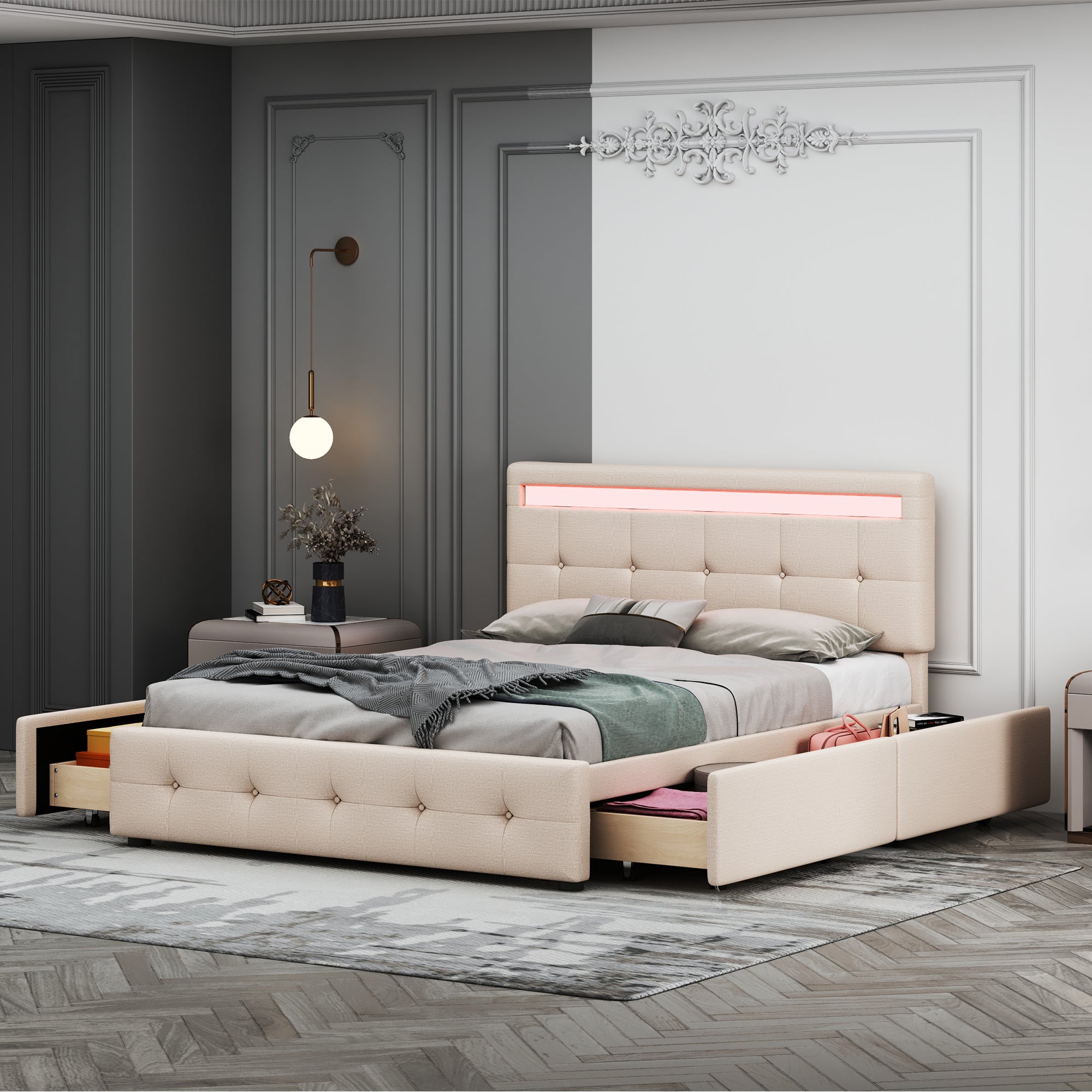 Upholstered Bed 140x200cm, LED, Slatted Frame, 4 Drawers, Beige Linen