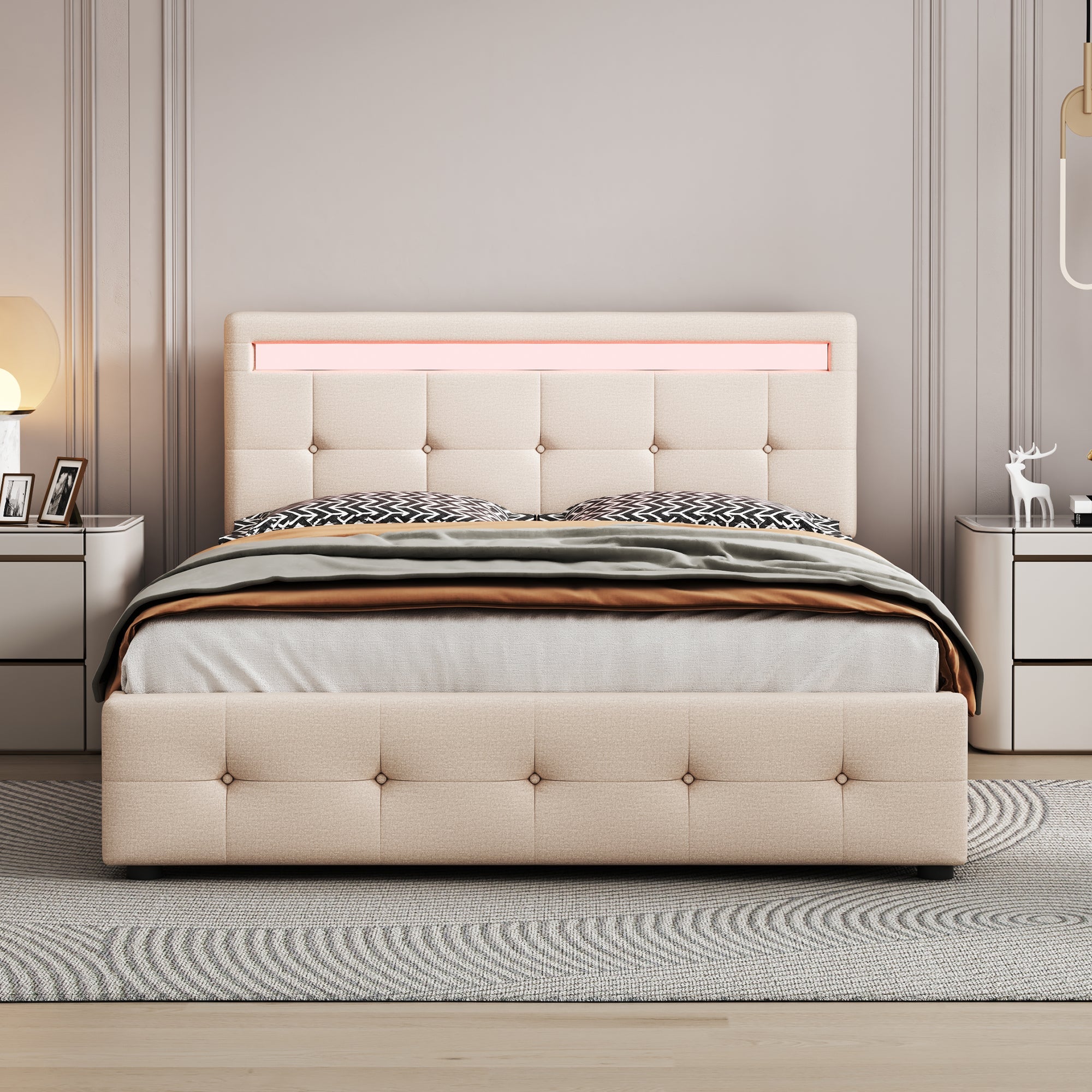 Upholstered Bed 140x200cm, LED, Slatted Frame, 4 Drawers, Beige Linen