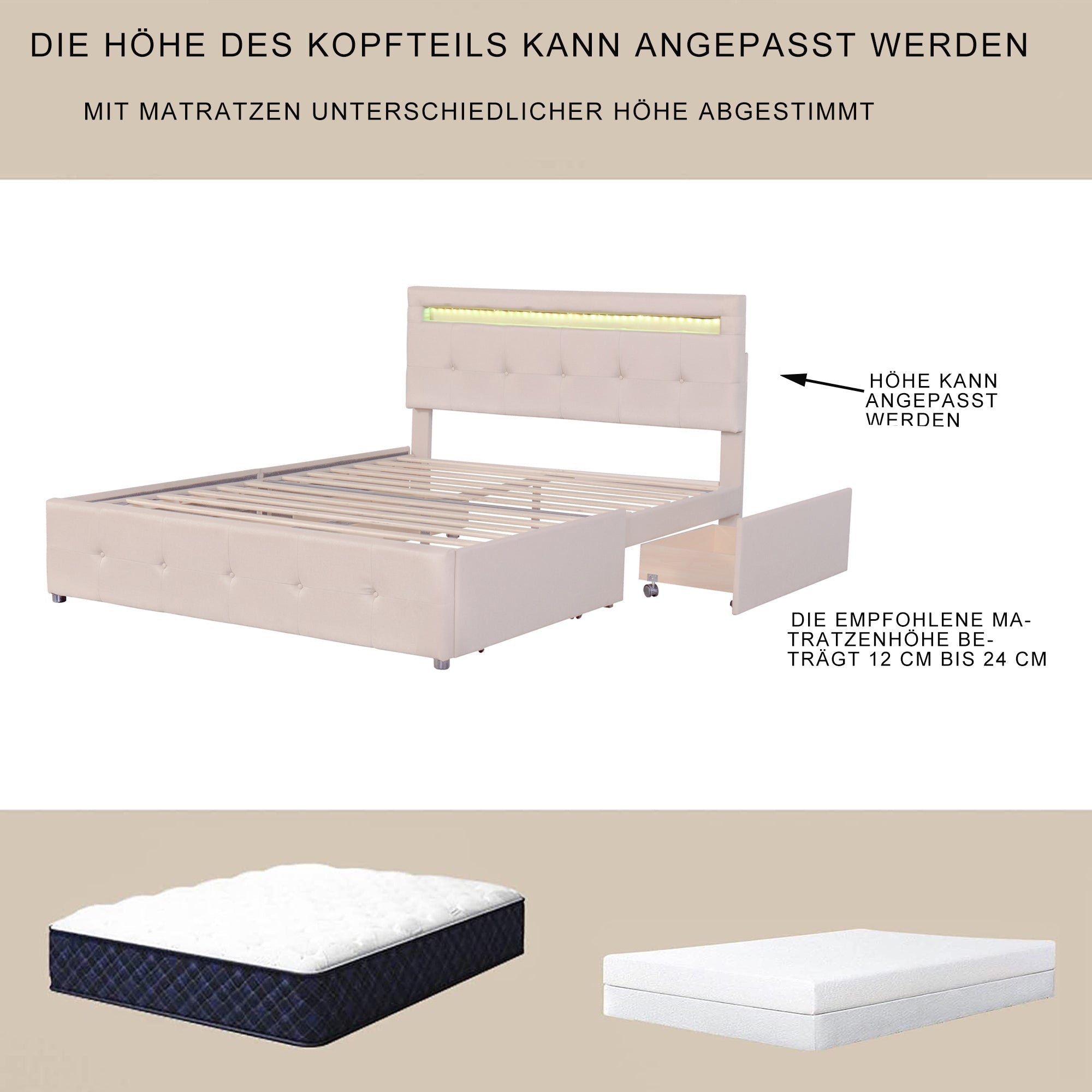 Upholstered Bed 140x200cm, LED, Slatted Frame, 4 Drawers, Beige Linen