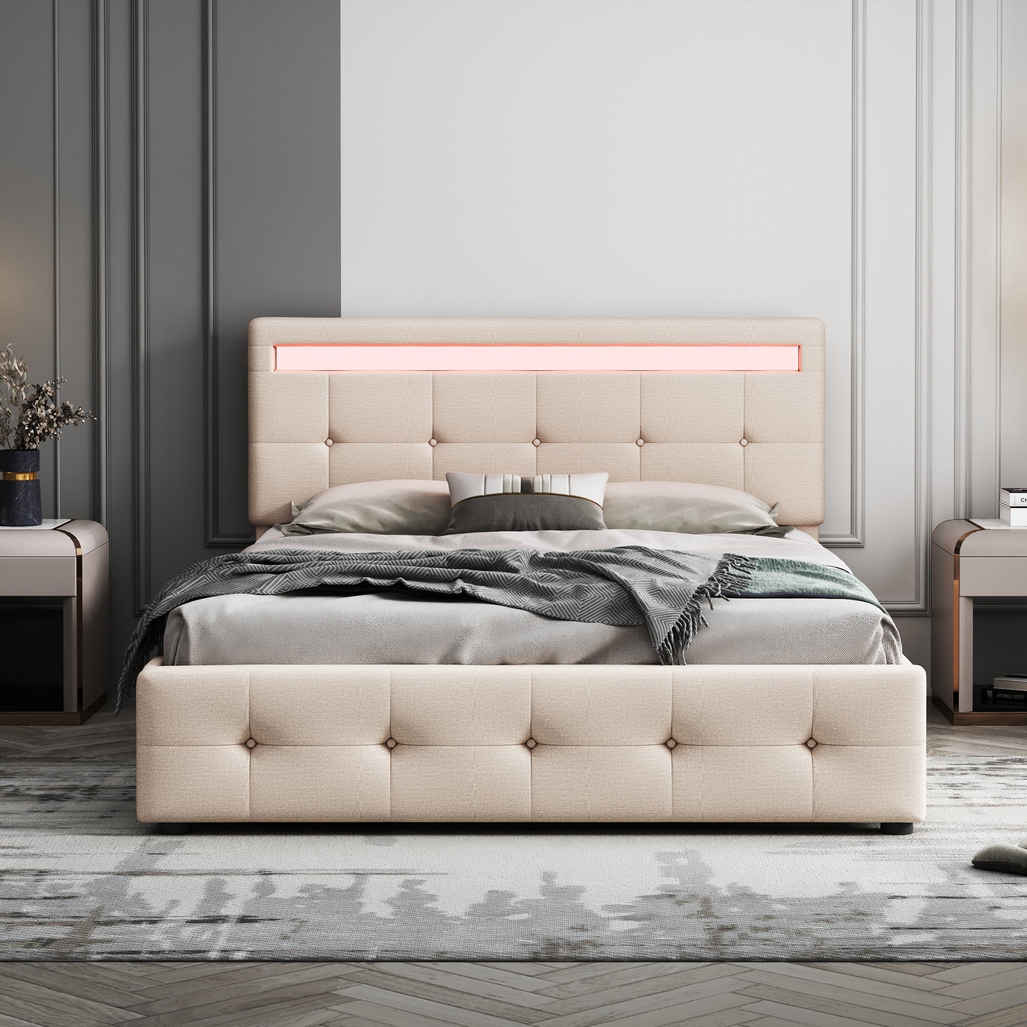 Upholstered Bed 140x200cm, LED, Slatted Frame, 4 Drawers, Beige Linen
