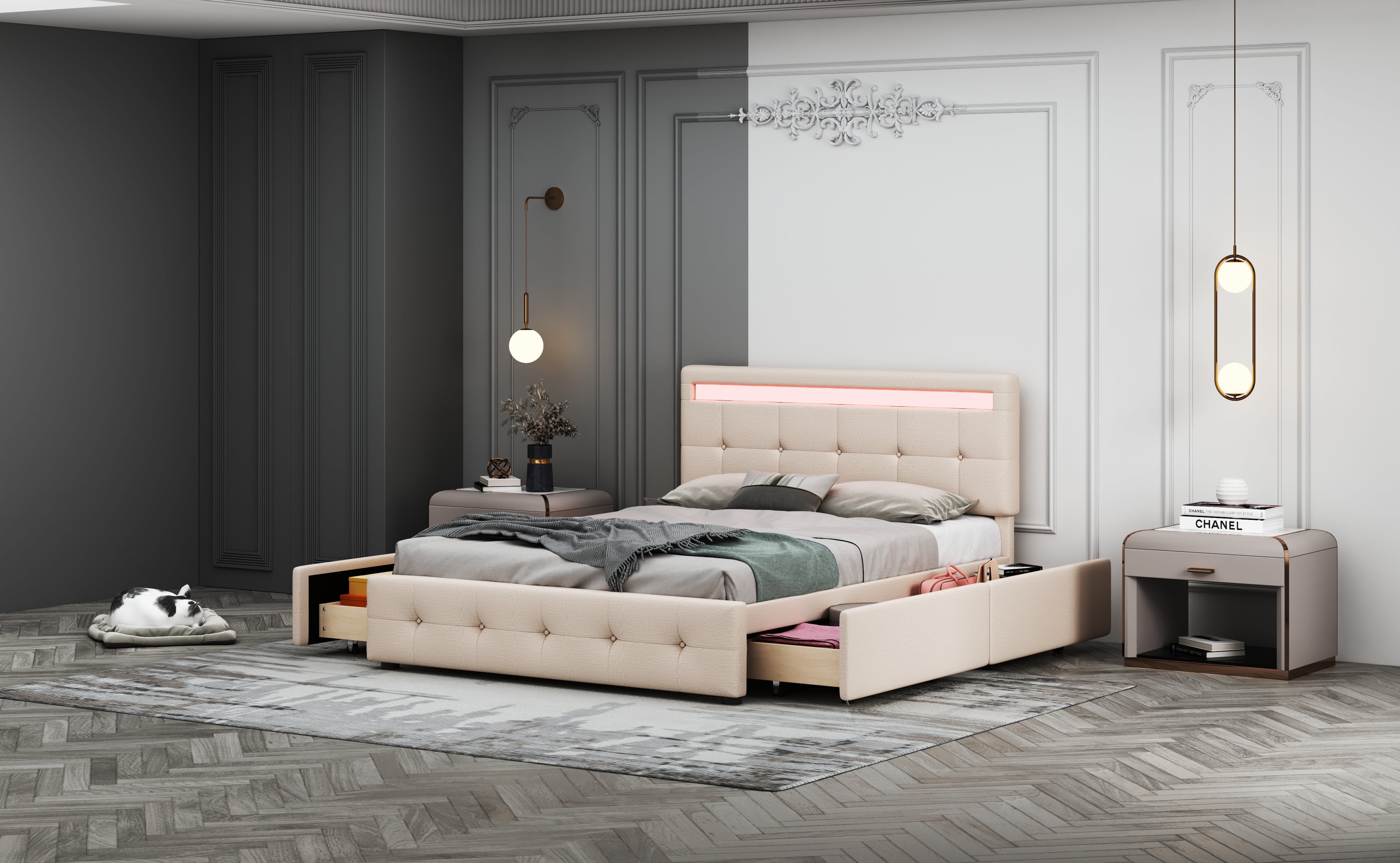 Upholstered Bed 140x200cm, LED, Slatted Frame, 4 Drawers, Beige Linen