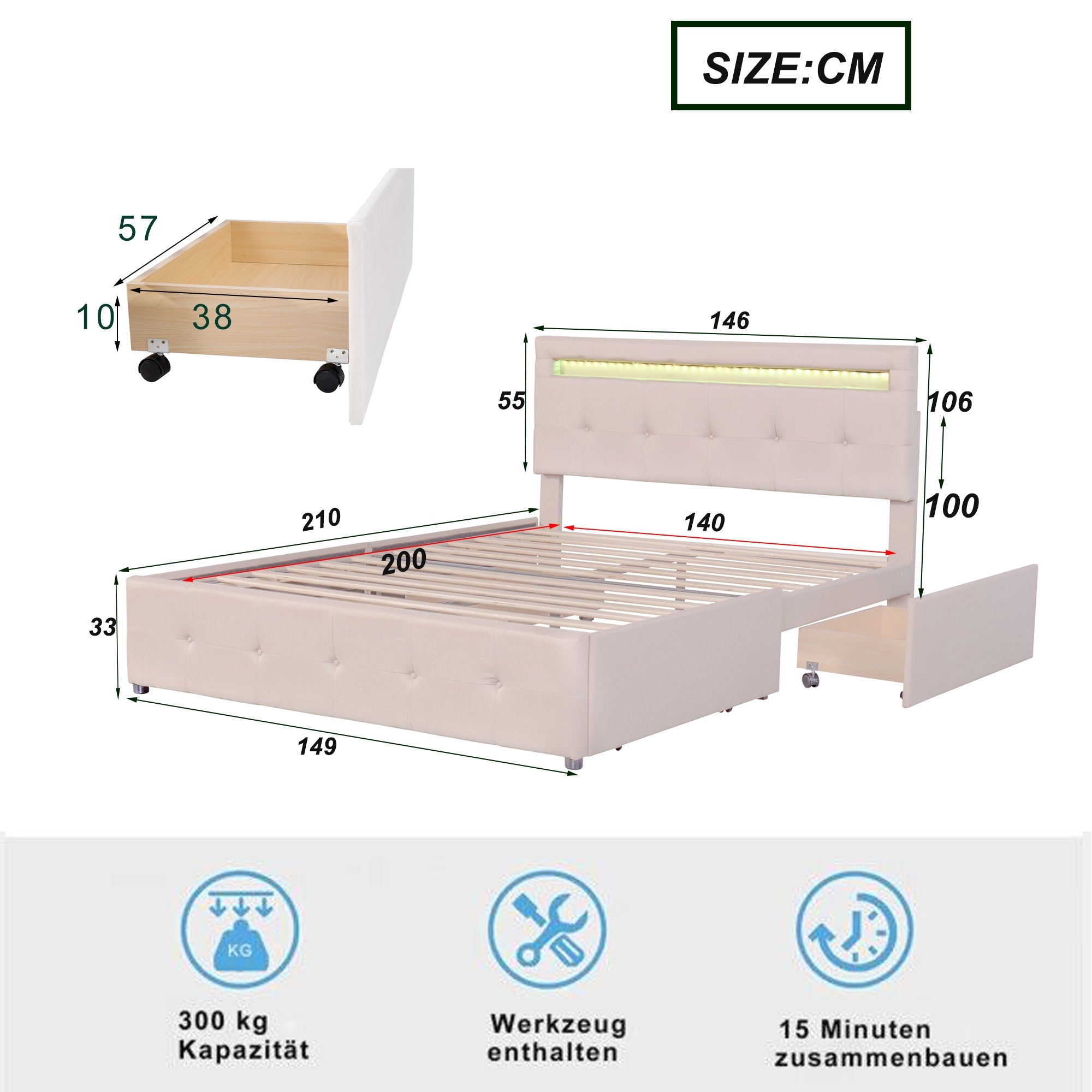 Upholstered Bed 140x200cm, LED, Slatted Frame, 4 Drawers, Beige Linen