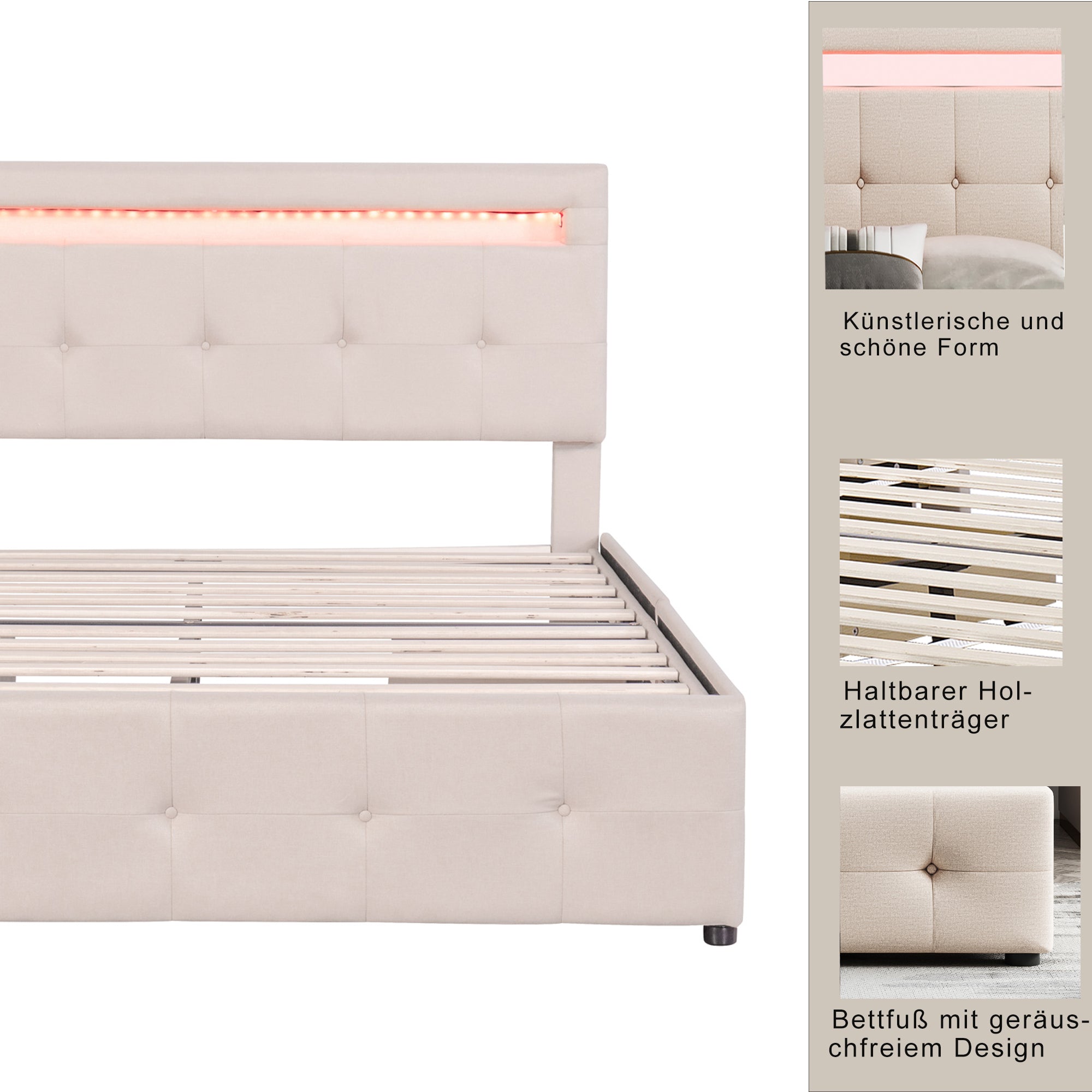 Upholstered Bed 140x200cm, LED, Slatted Frame, 4 Drawers, Beige Linen
