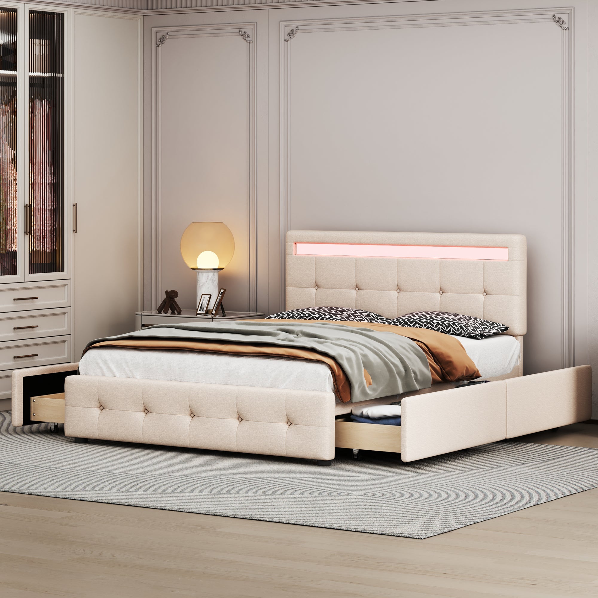 Upholstered Bed 140x200cm, LED, Slatted Frame, 4 Drawers, Beige Linen
