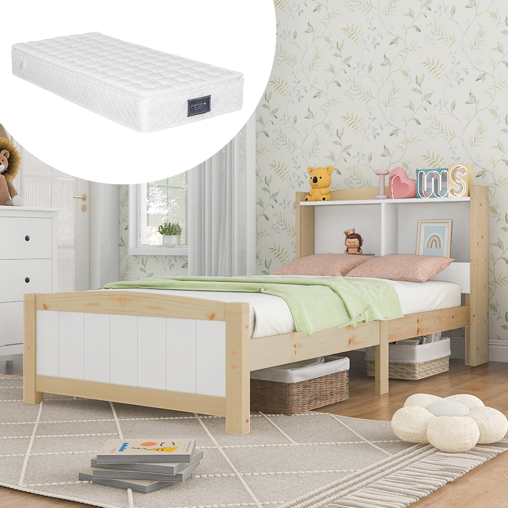 Single Bed with Storage Headboard, 90x200cm Solid Pine, Natural and White