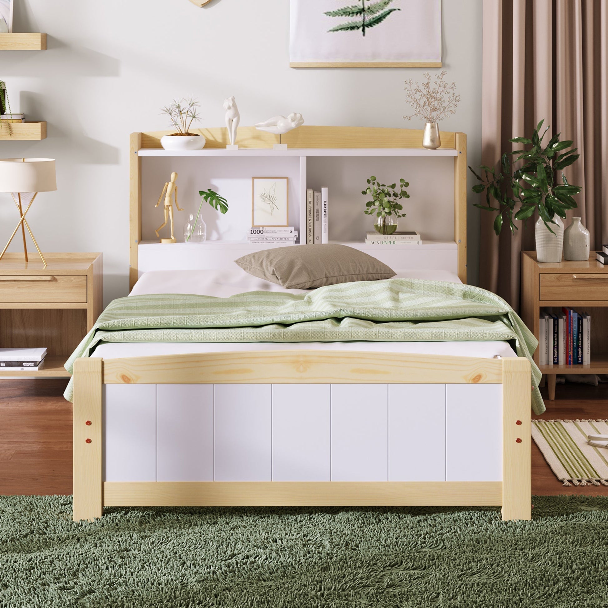 Wooden bed with white mattress in a room setting with decor elements.