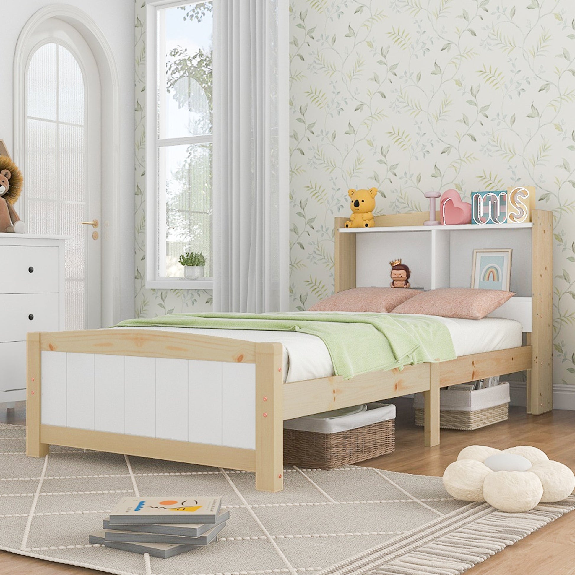 Wooden bed in a child's bedroom with toys and books on a shelf.
