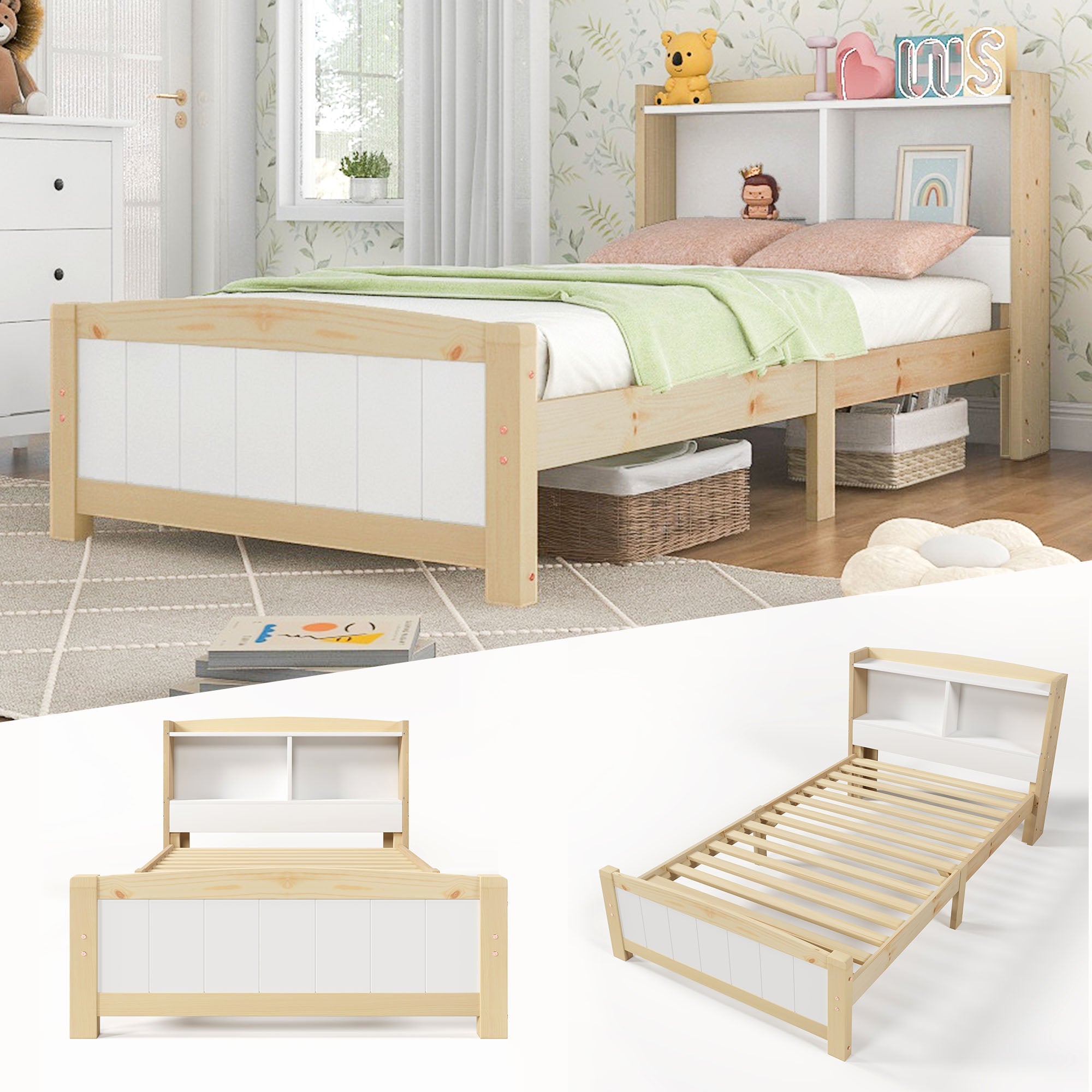 Solid Wood Single Bed with Storage Headboard, 90 x 200 cm, Pine, Natural and White