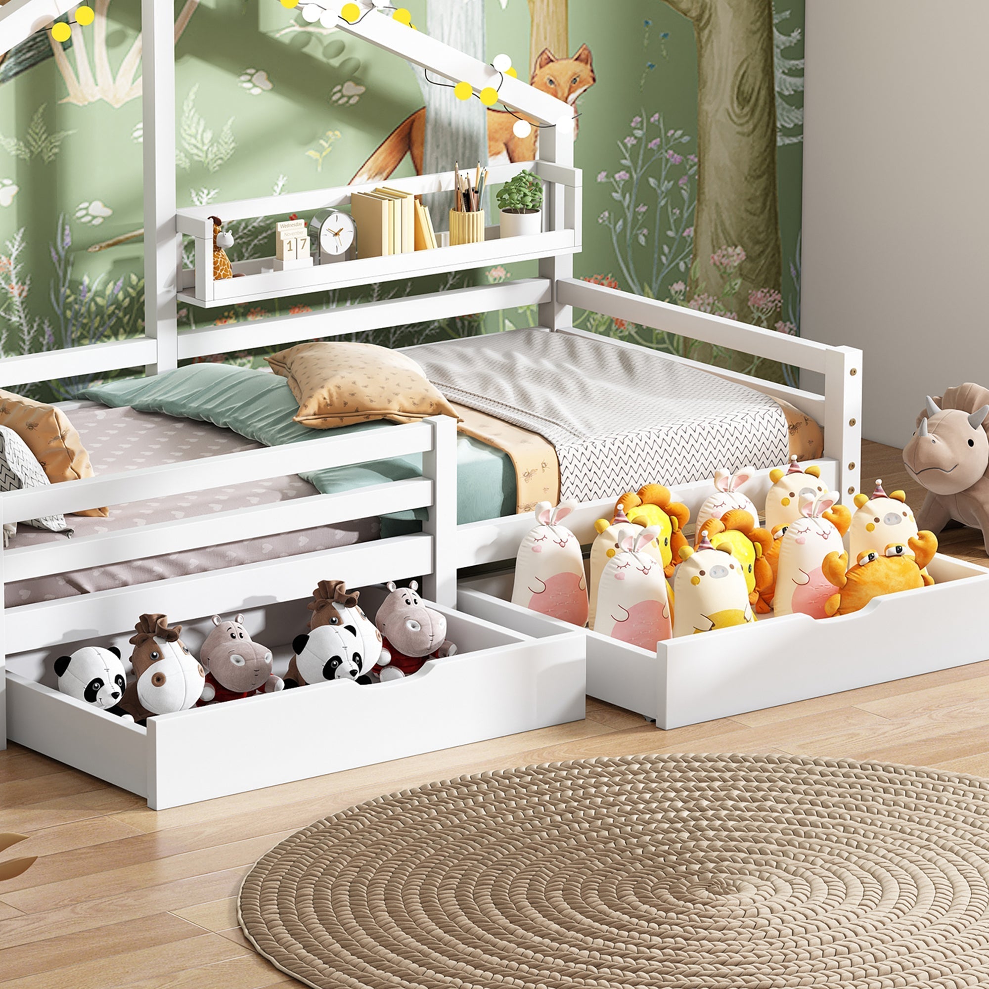 House Bed 90x200cm with Storage Shelf 2 Drawers Fireplace Design - White