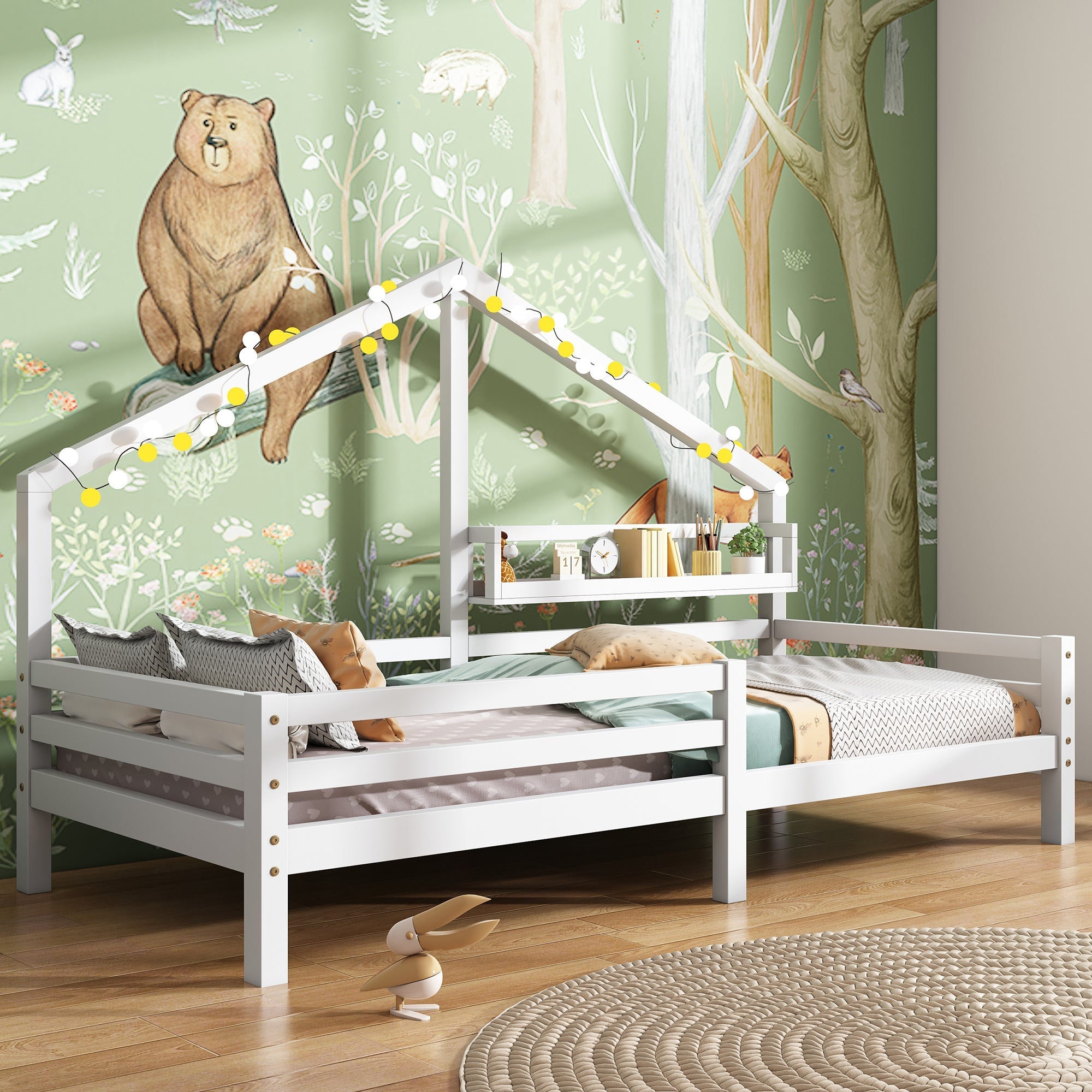 House Bed 90x200cm Storage Shelf Fireplace Shape - White
