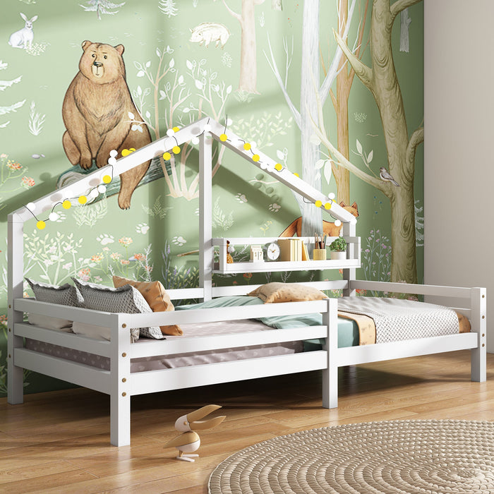 House Bed 90x200cm Storage Shelf Fireplace Shape - White