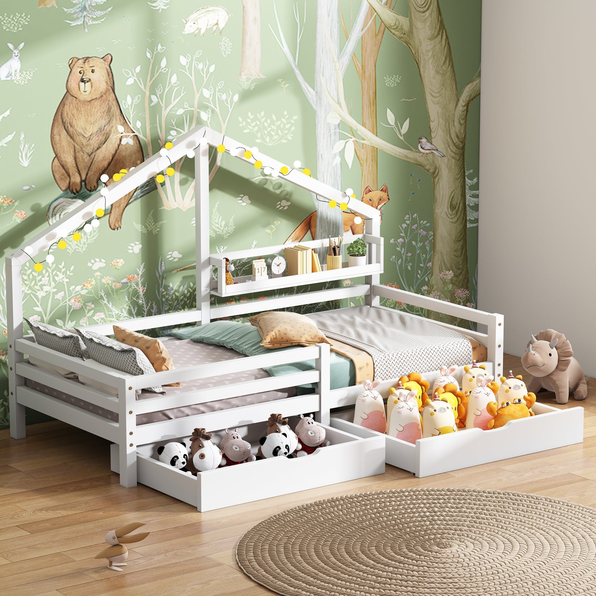 House Bed 90x200cm with Storage Shelf 2 Drawers Fireplace Design - White