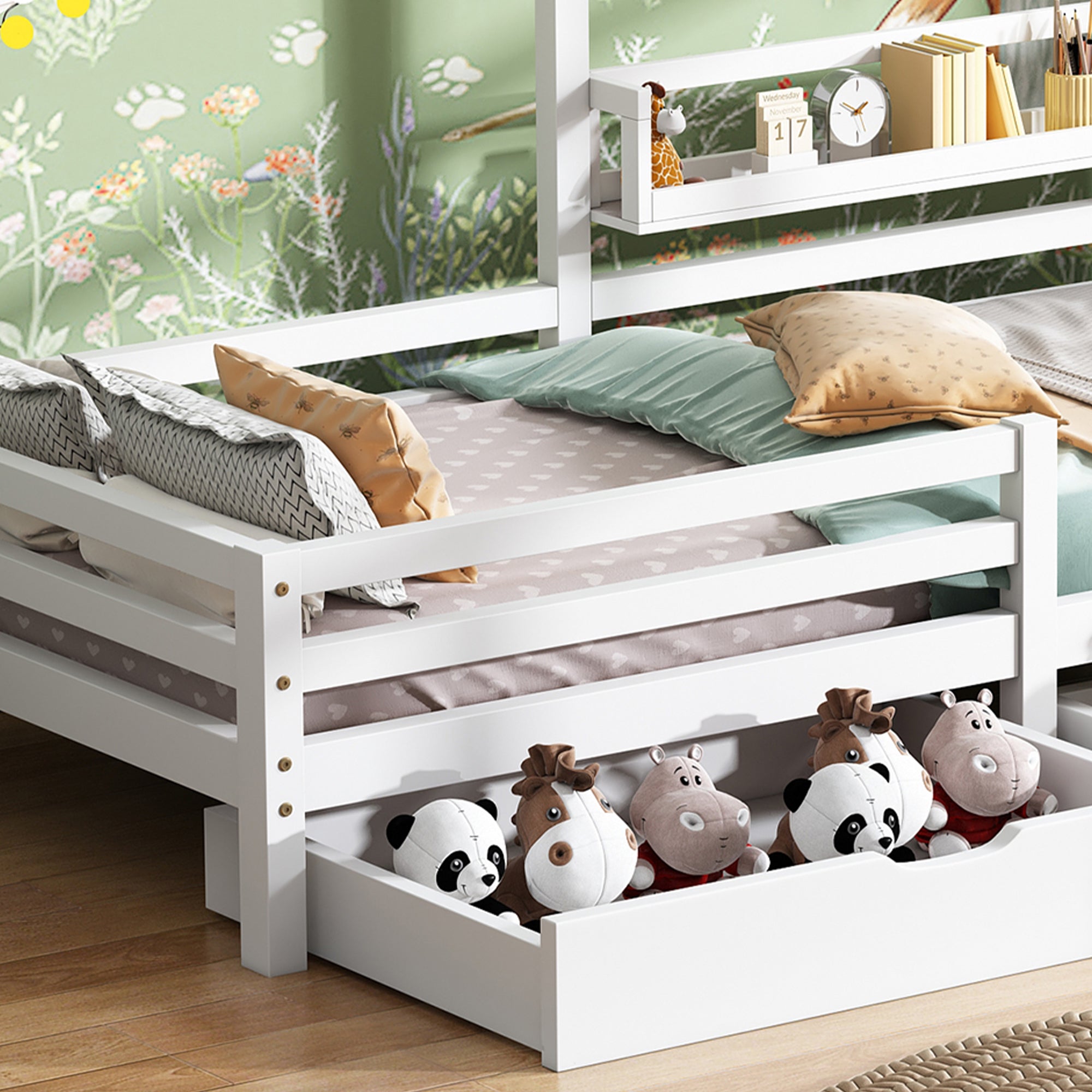 House Bed 90x200cm with Storage Shelf 2 Drawers Fireplace Design - White