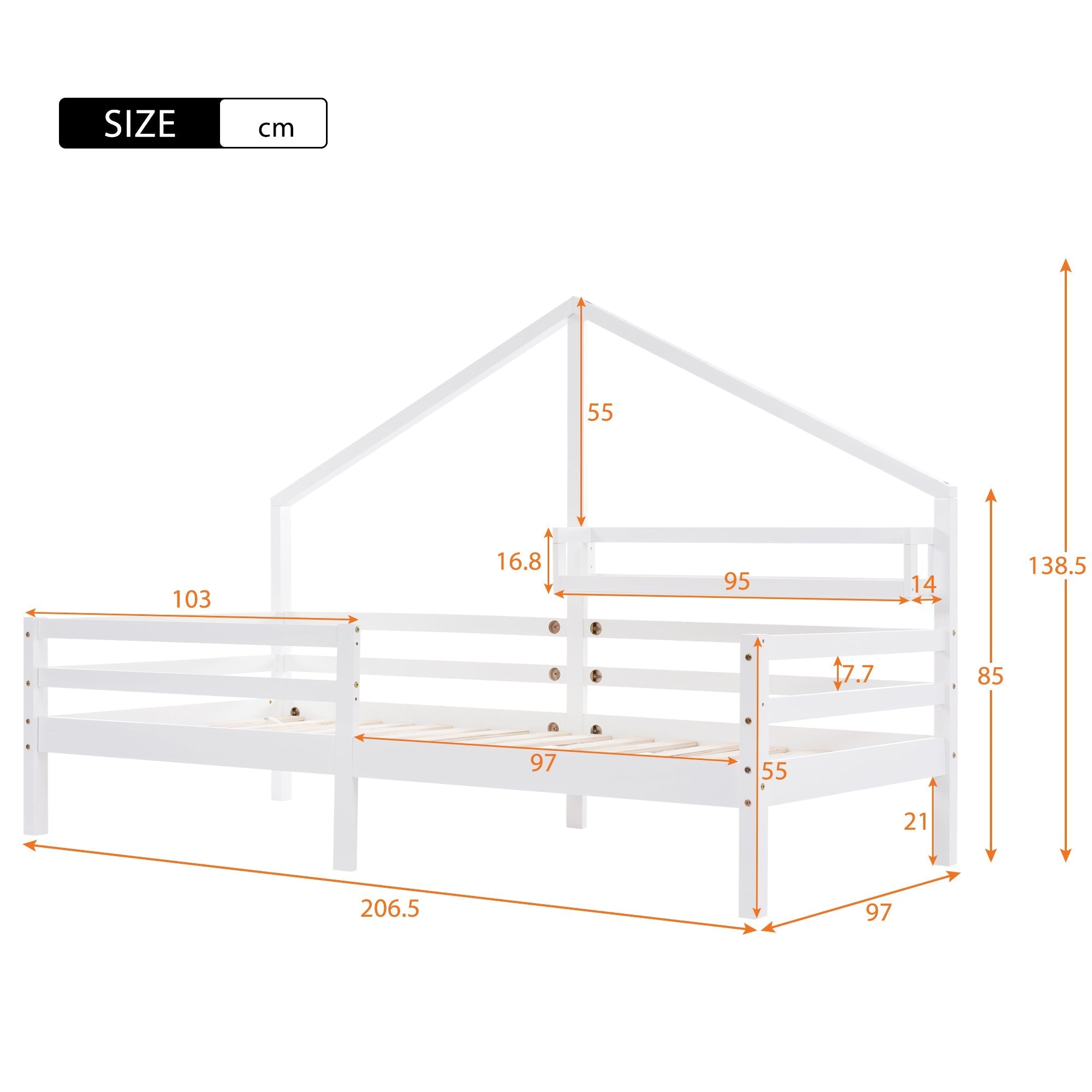 House Bed 90x200cm Storage Shelf Fireplace Shape - White