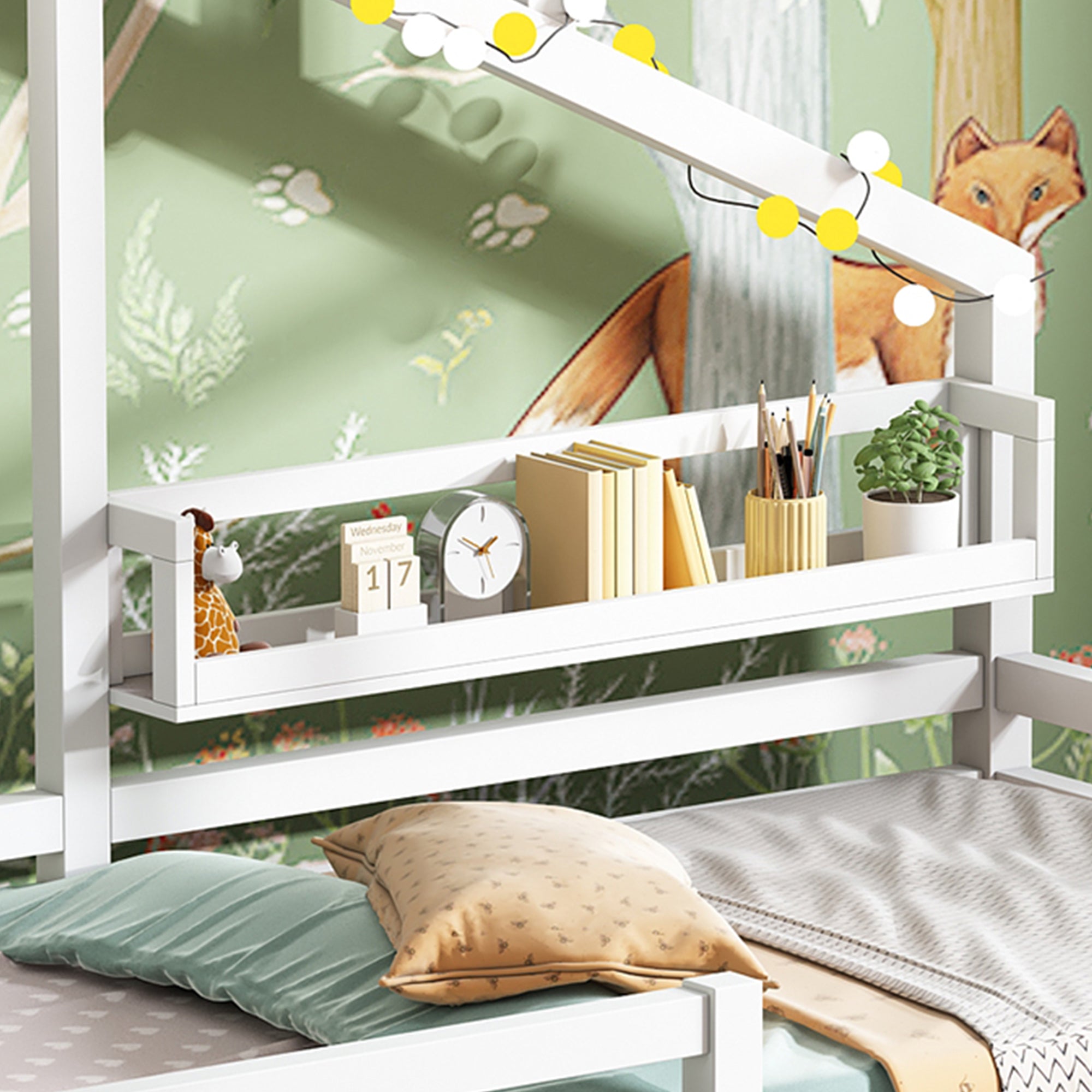 House Bed 90x200cm with Storage Shelf 2 Drawers Fireplace Design - White