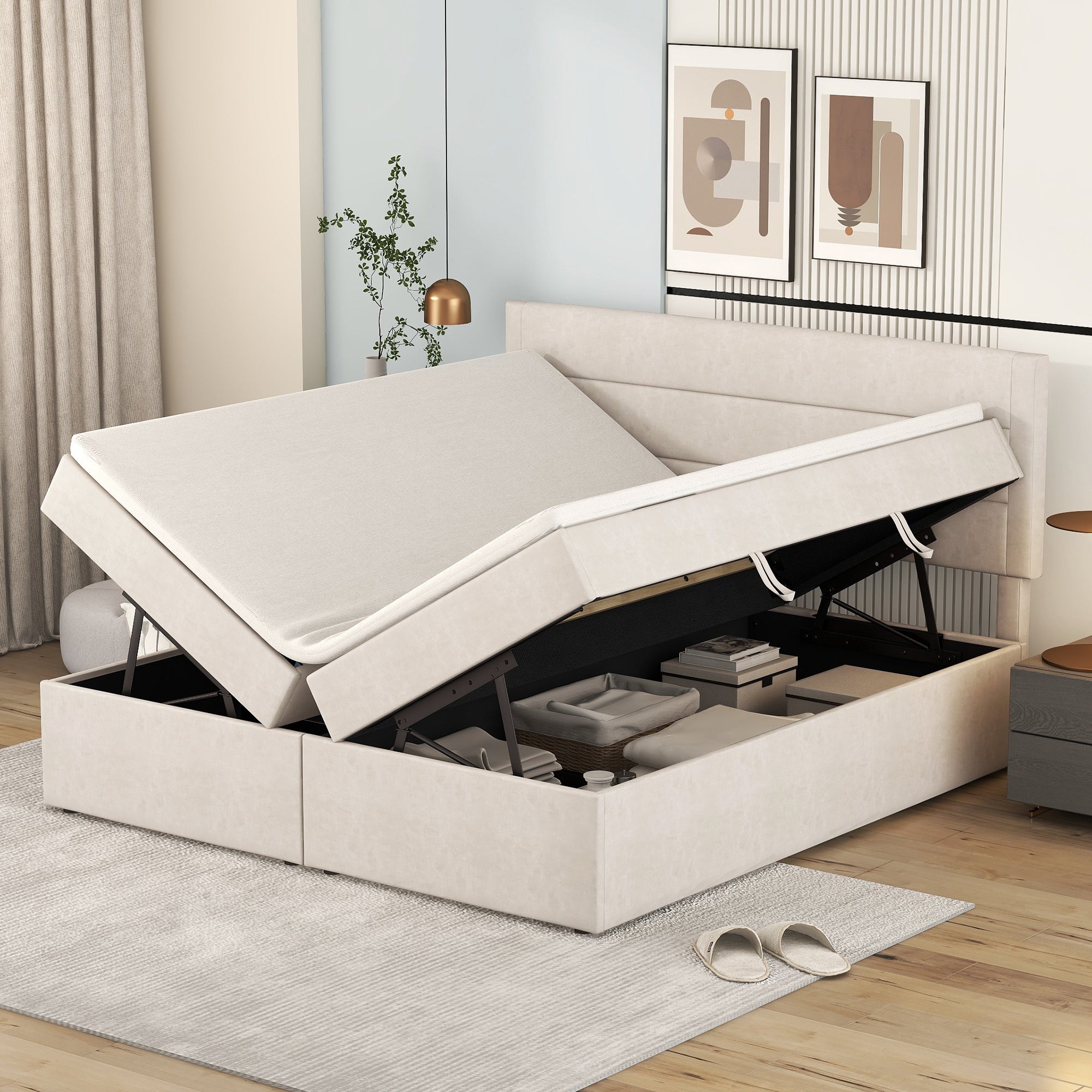 Upholstered Double Bed 200x140cm Large Dual Opening Storage - Beige
