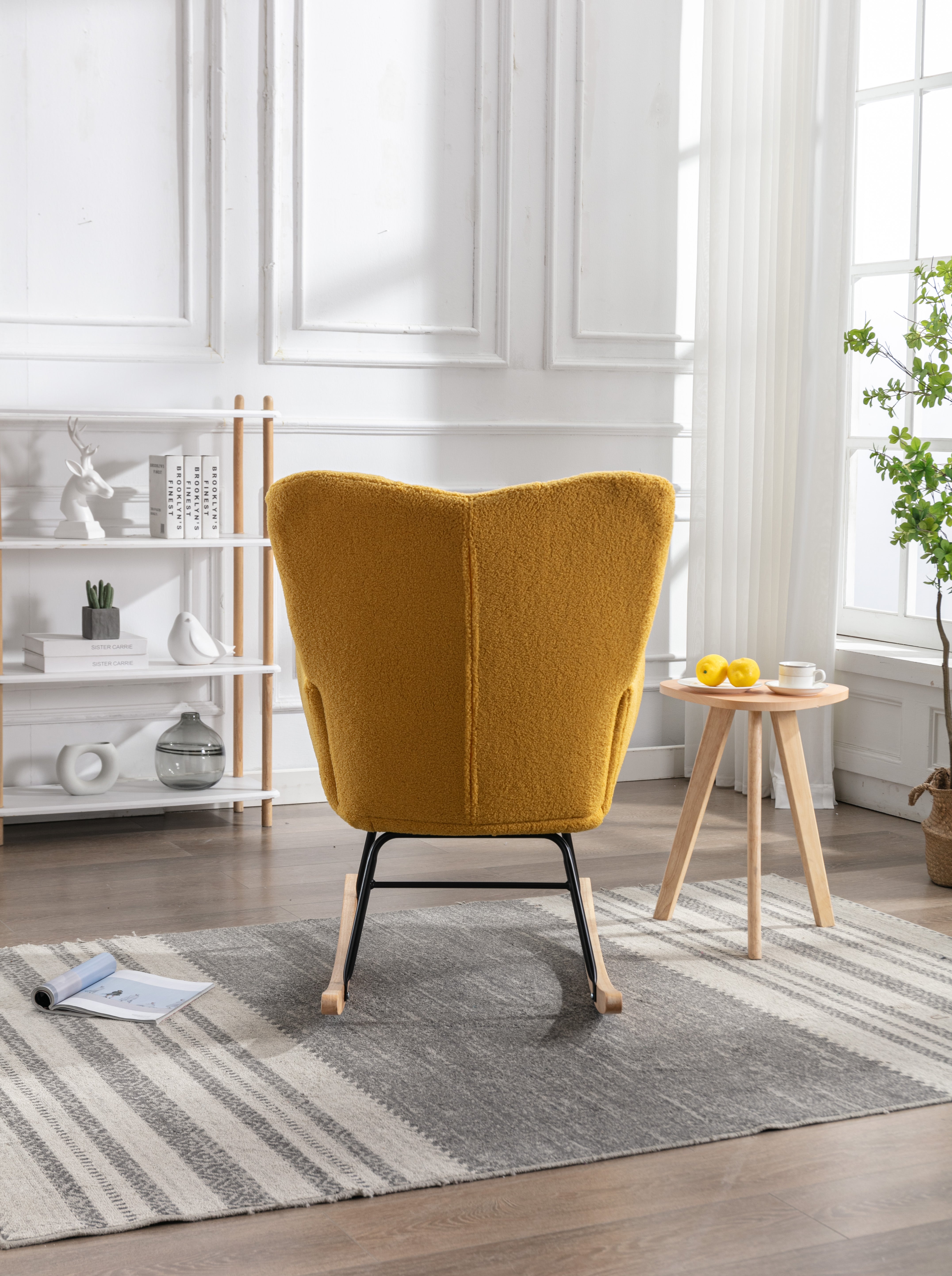 Mid Century Modern Rocking Chair, Teddy Fabric Tufted Upholstered, Padded Seat for Living Room Bedroom, Yellow