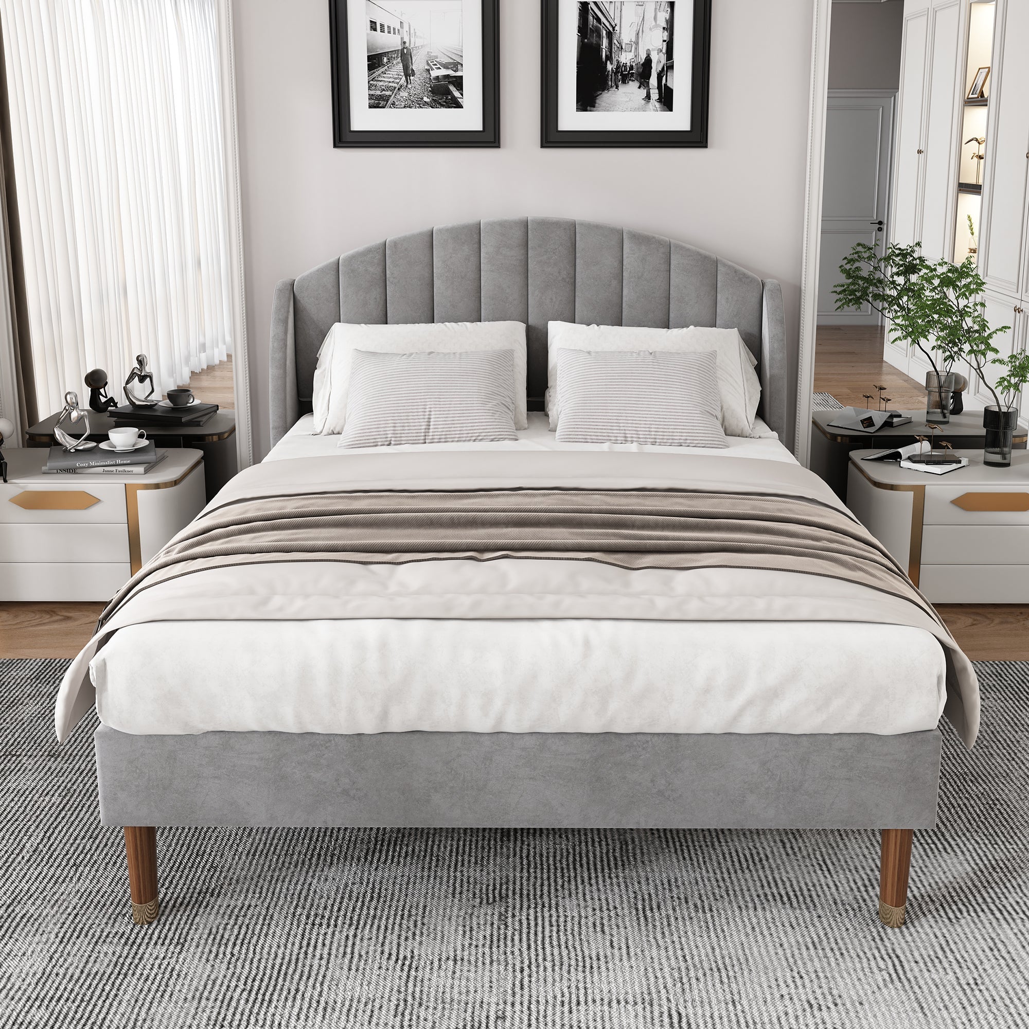 Upholstered Bed 140x200 Slatted Base Headboard Wooden Support Velvet Grey