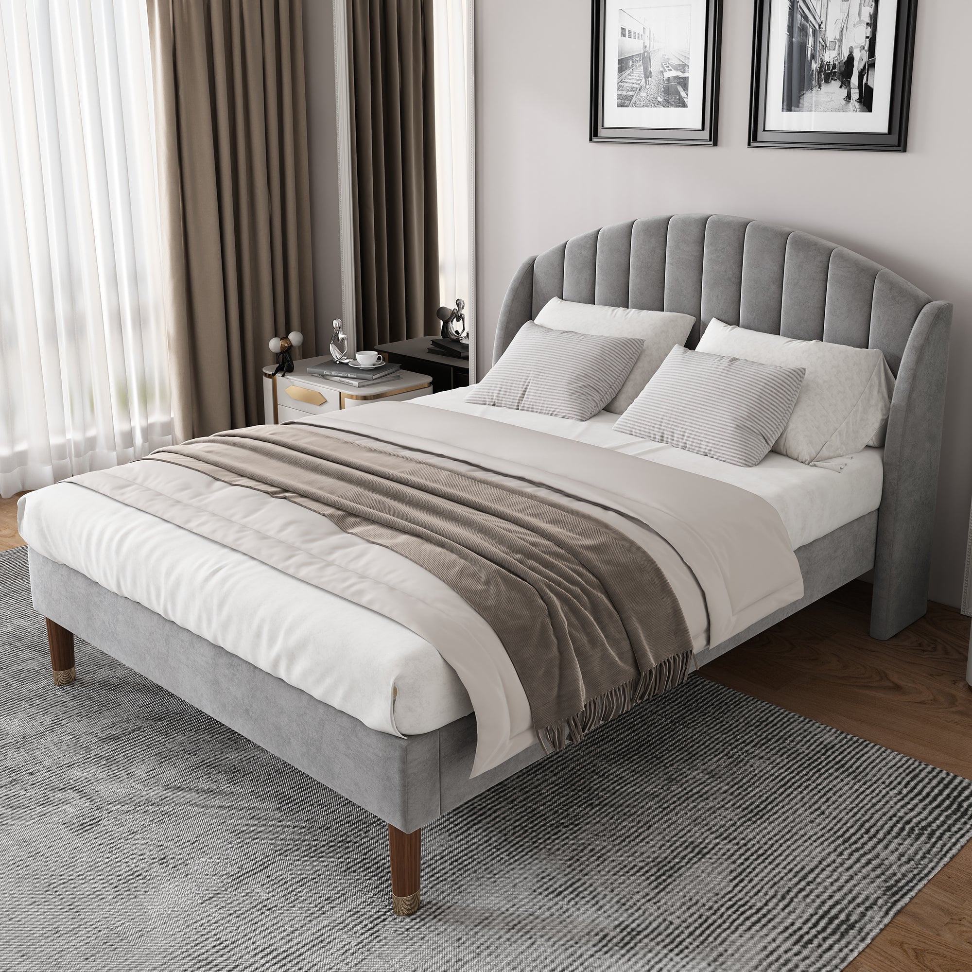 Upholstered Bed 140x200 Slatted Base Headboard Wooden Support Velvet Grey