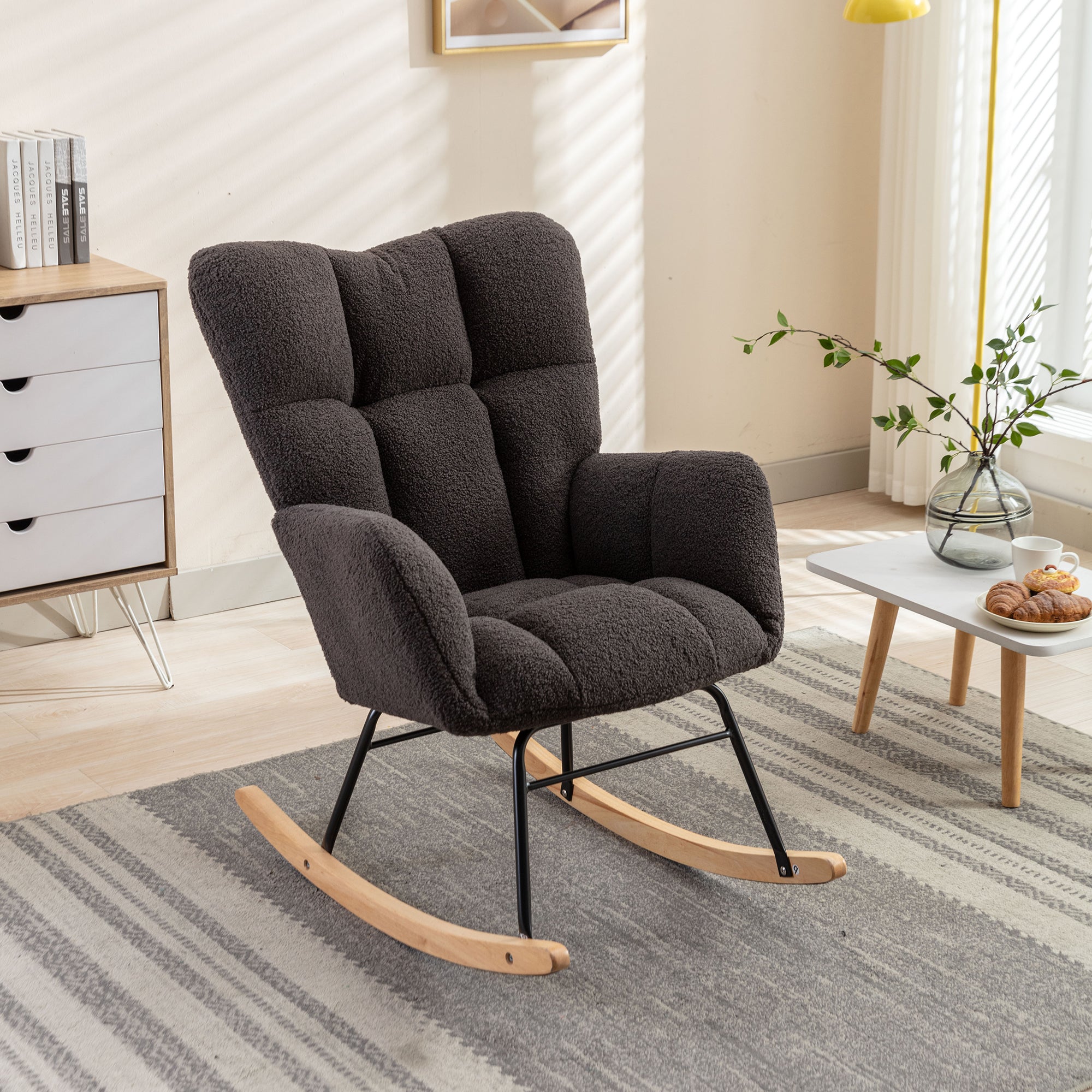 Mid Century Modern Teddy Fabric Tufted Upholstered Rocking Chair Padded Seat For Living Room Bedroom, Dary Gray