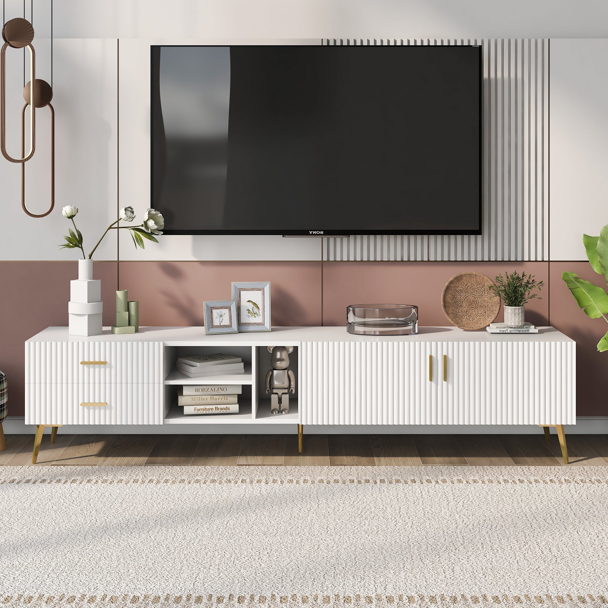 TV Stand Lowboard for 75-inch TVs, Modern Entertainment Media Console, White