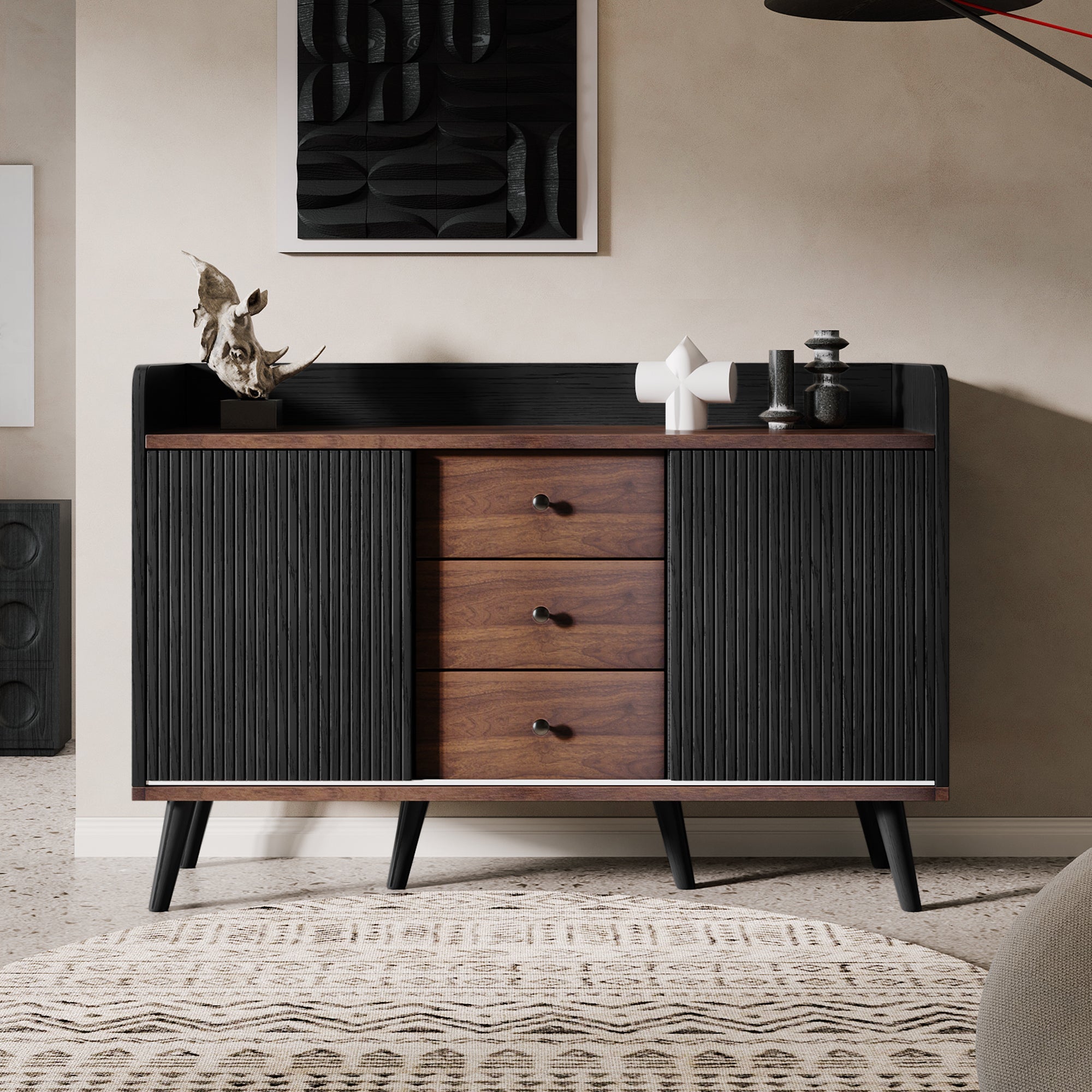 Sideboard with Three Drawers, Storage Shelves, Wood-Colored