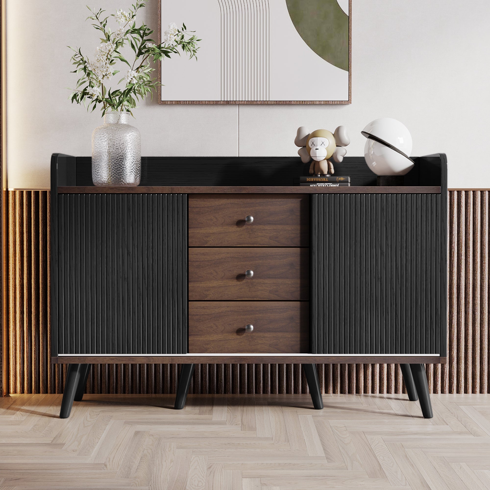 Sideboard with Three Drawers, Storage Shelves, Wood-Colored
