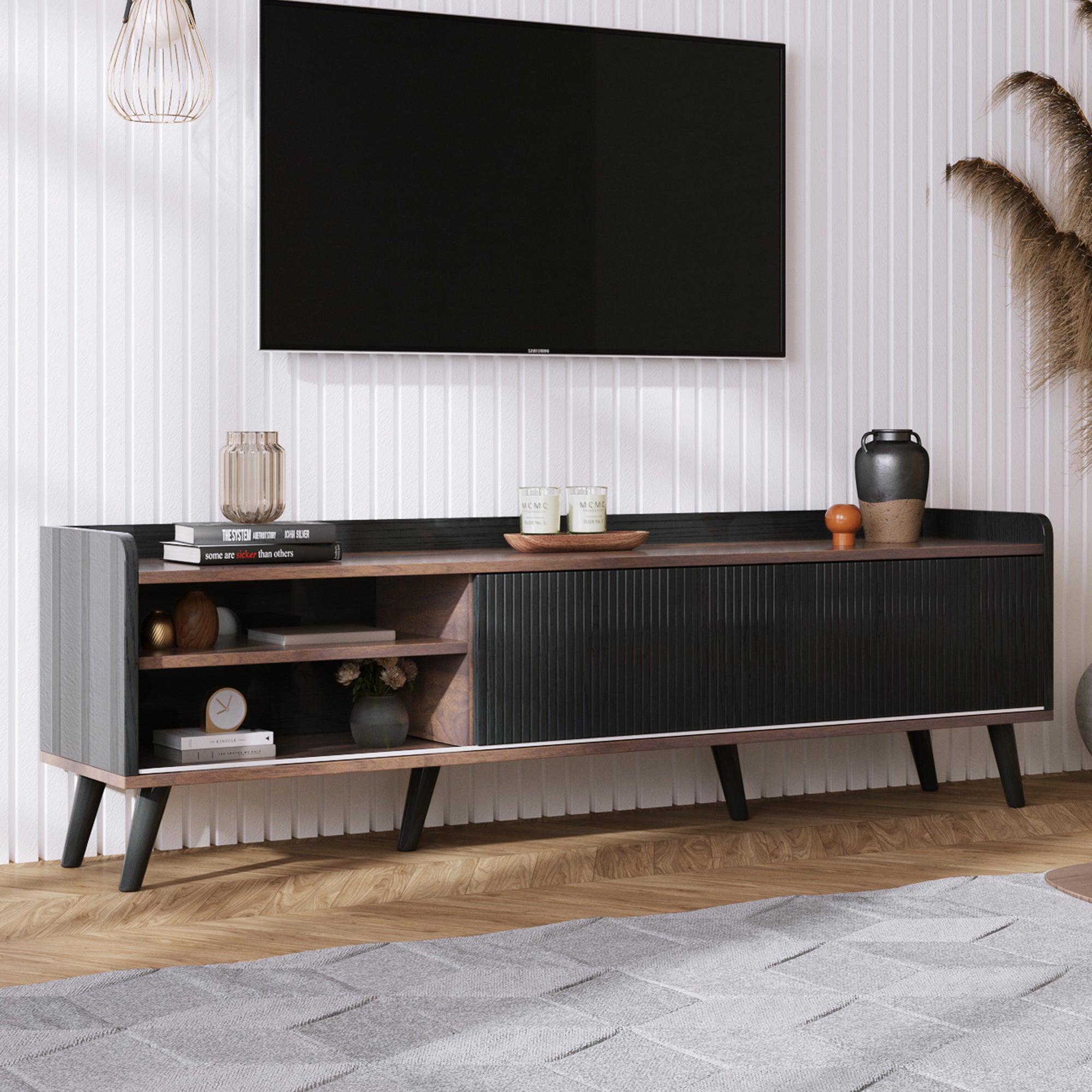 TV Cabinet, Two Drawers Sliding Doors Lowboard, Black and Natural Wood
