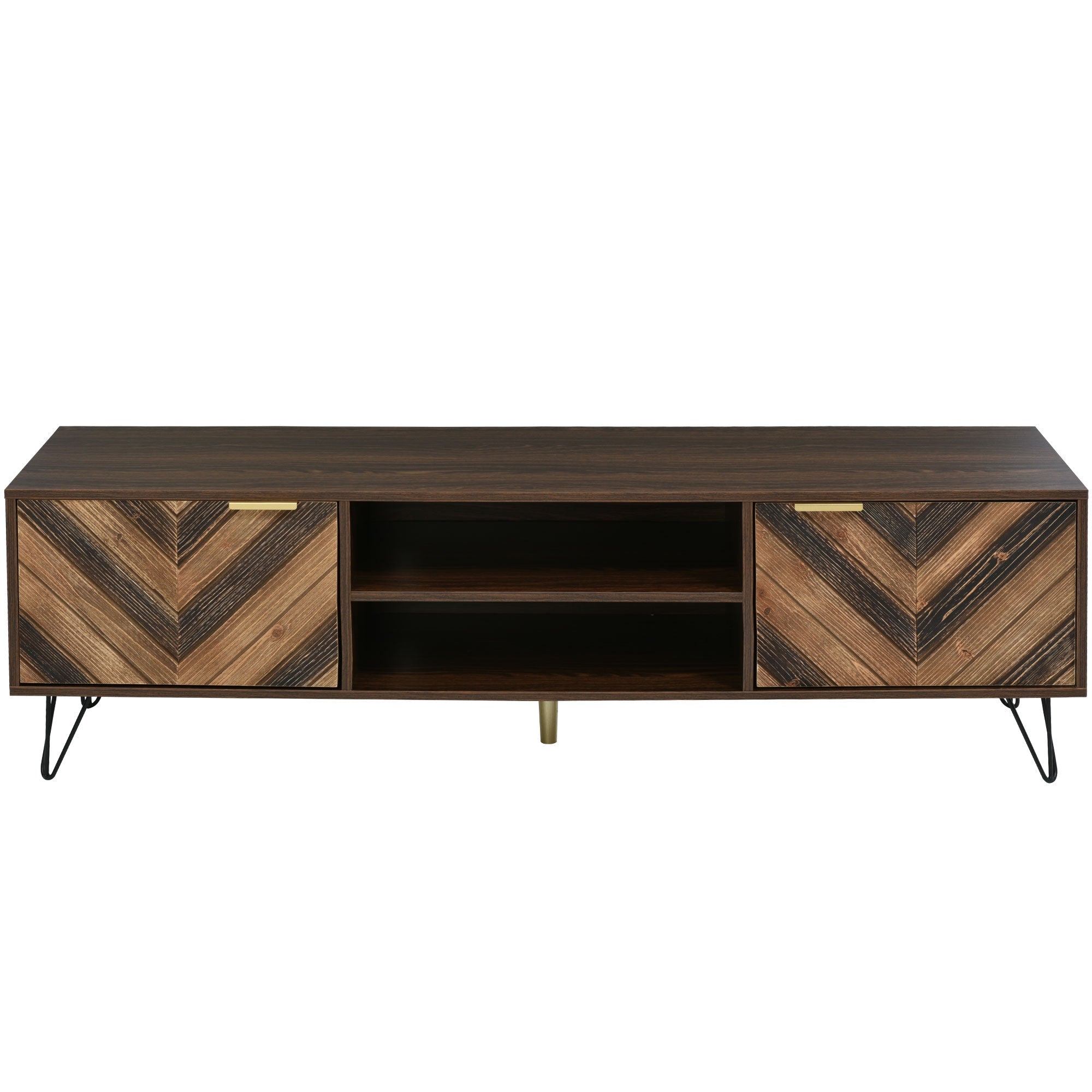 TV cabinet, two doors two compartments low panel, solid wood veneer with gold handles and iron feet