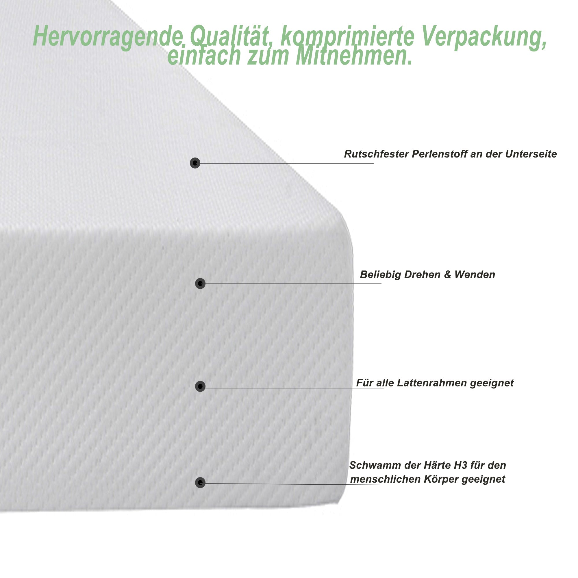 Comfortable mattress, anti-slip, Oeko-Tex certified, ergonomic, breathable, durable, firmness H3, 140x200cm