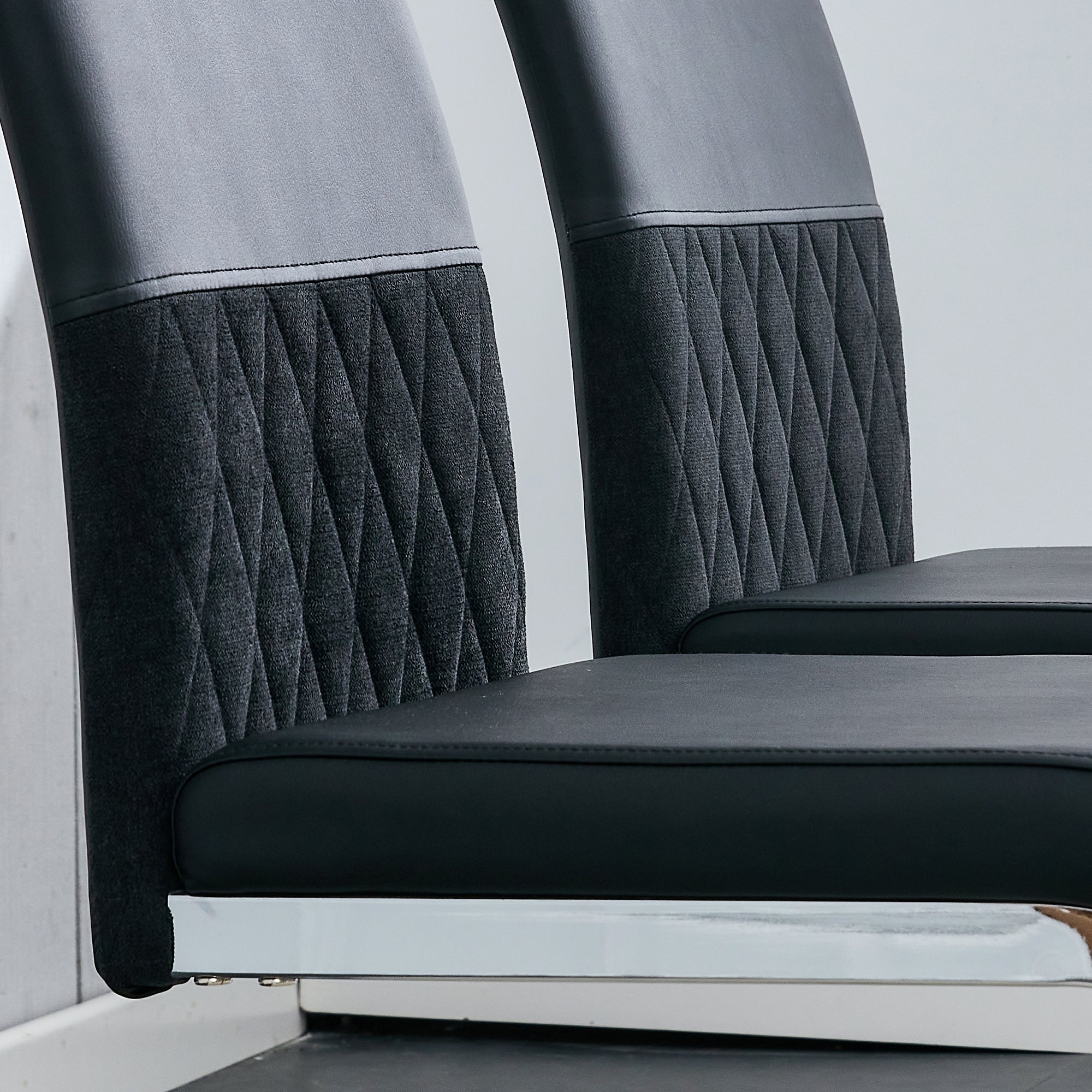 Modern Dining Chairs Set of 2 High-Backed Upholstered Side Chairs with Stripe Backrest PU Leather Linen Black