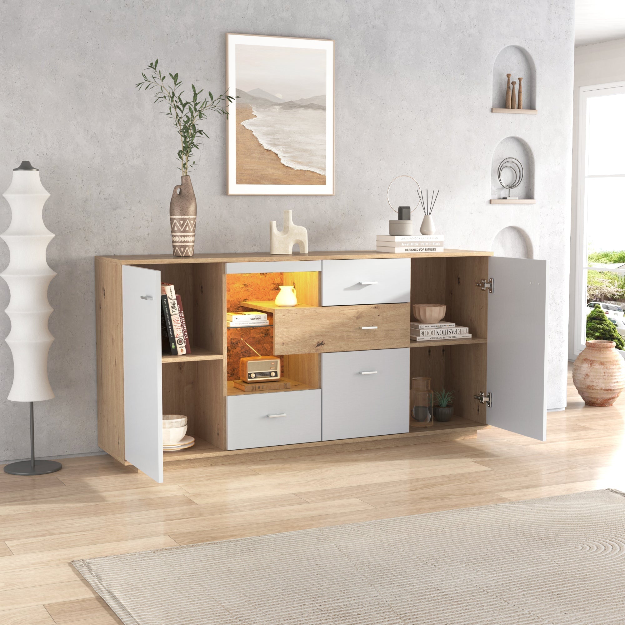 Modern Sideboard Cabinet with LED Lighting and 4 Drawers, White Wood Look