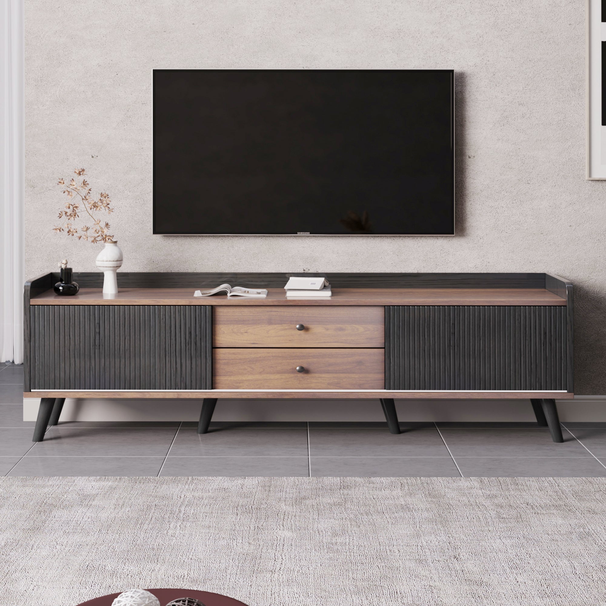 TV Cabinet, Two Drawers Sliding Doors Lowboard, Black and Natural Wood