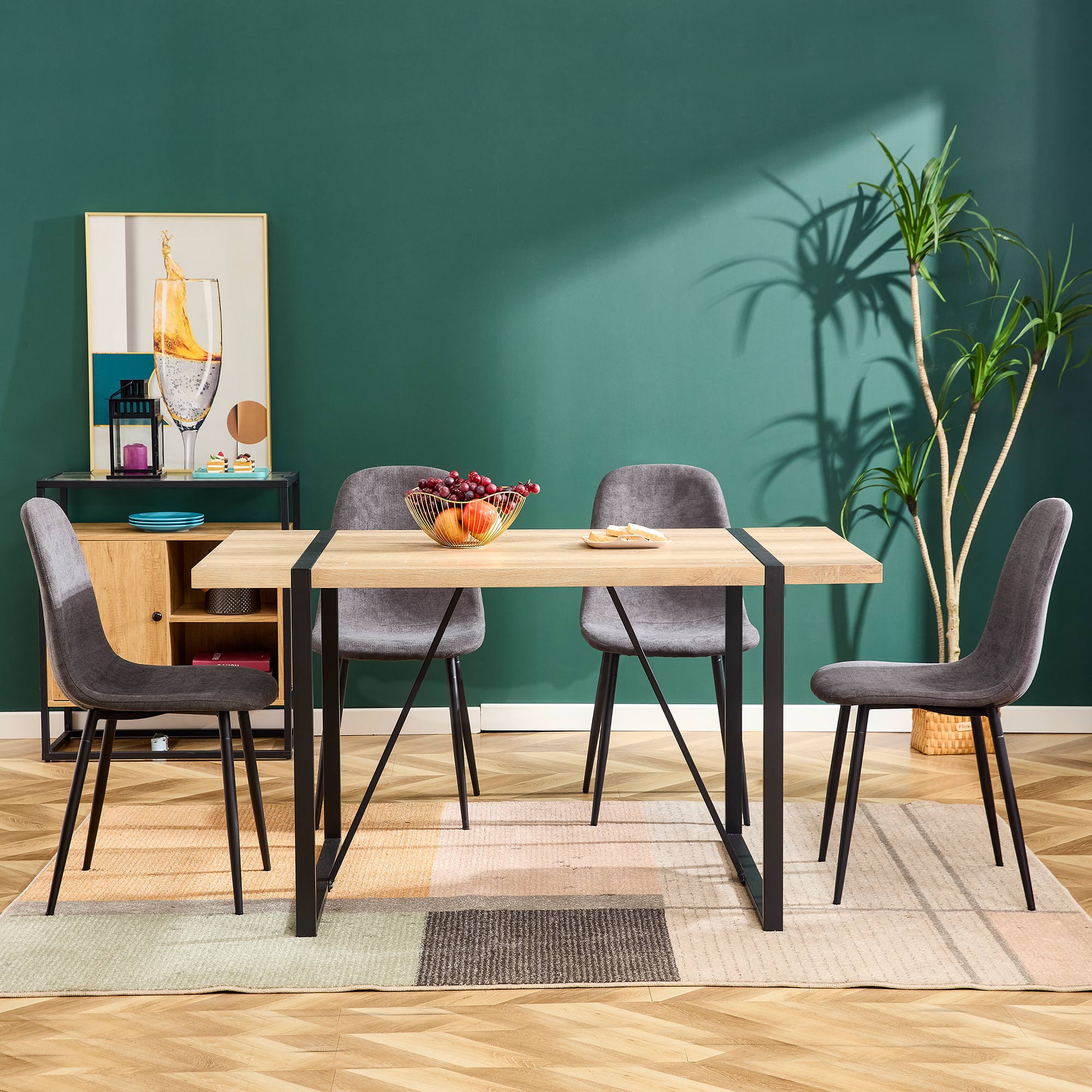 Dining Chair (4 pcs), Scandinavian Vintage with Steel Legs, Black/Grey Suede