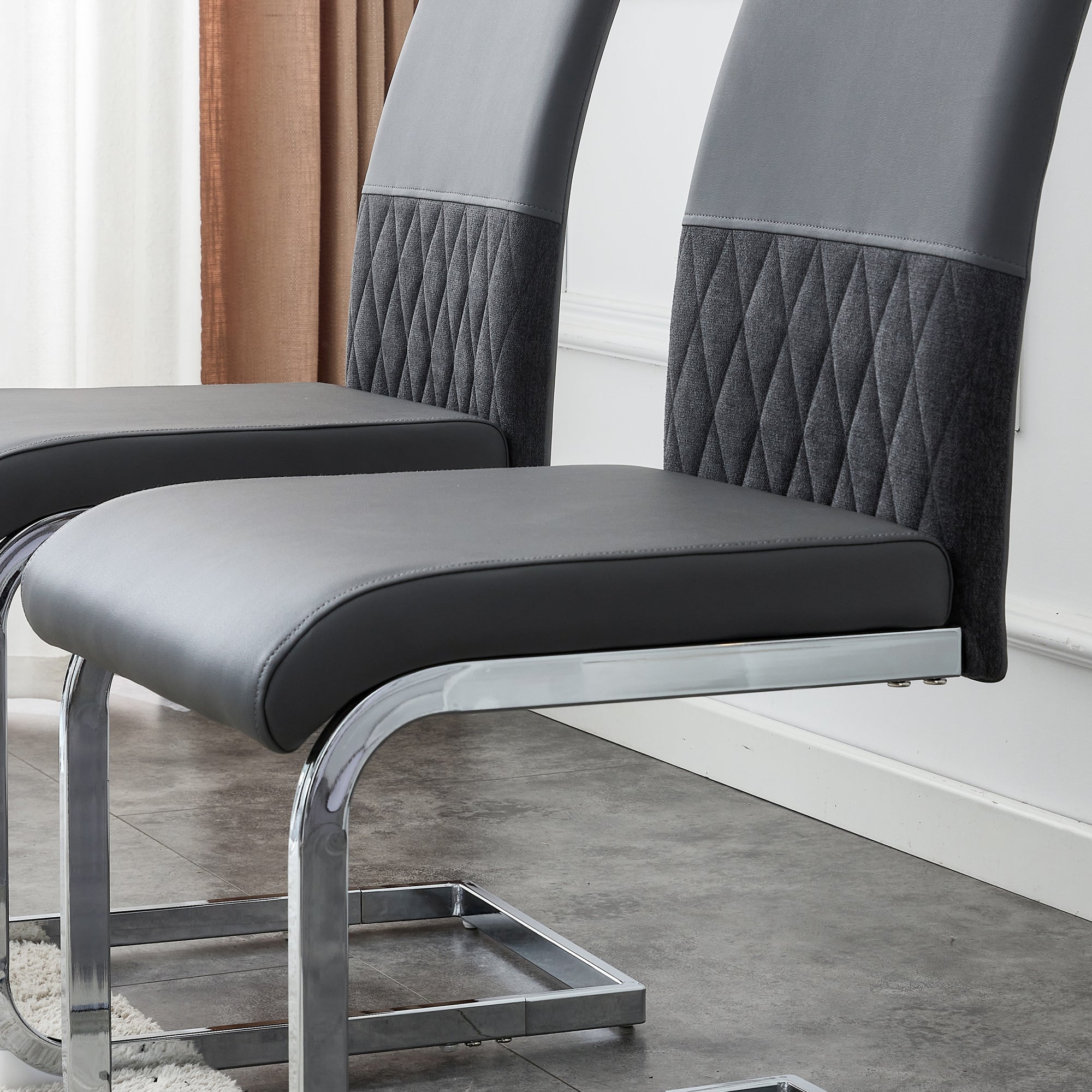 Modern Dining Chairs Set of 2, High Back Upholstered Side Chair with Horizontal Stripe Backrest Design, Grey - Clearance