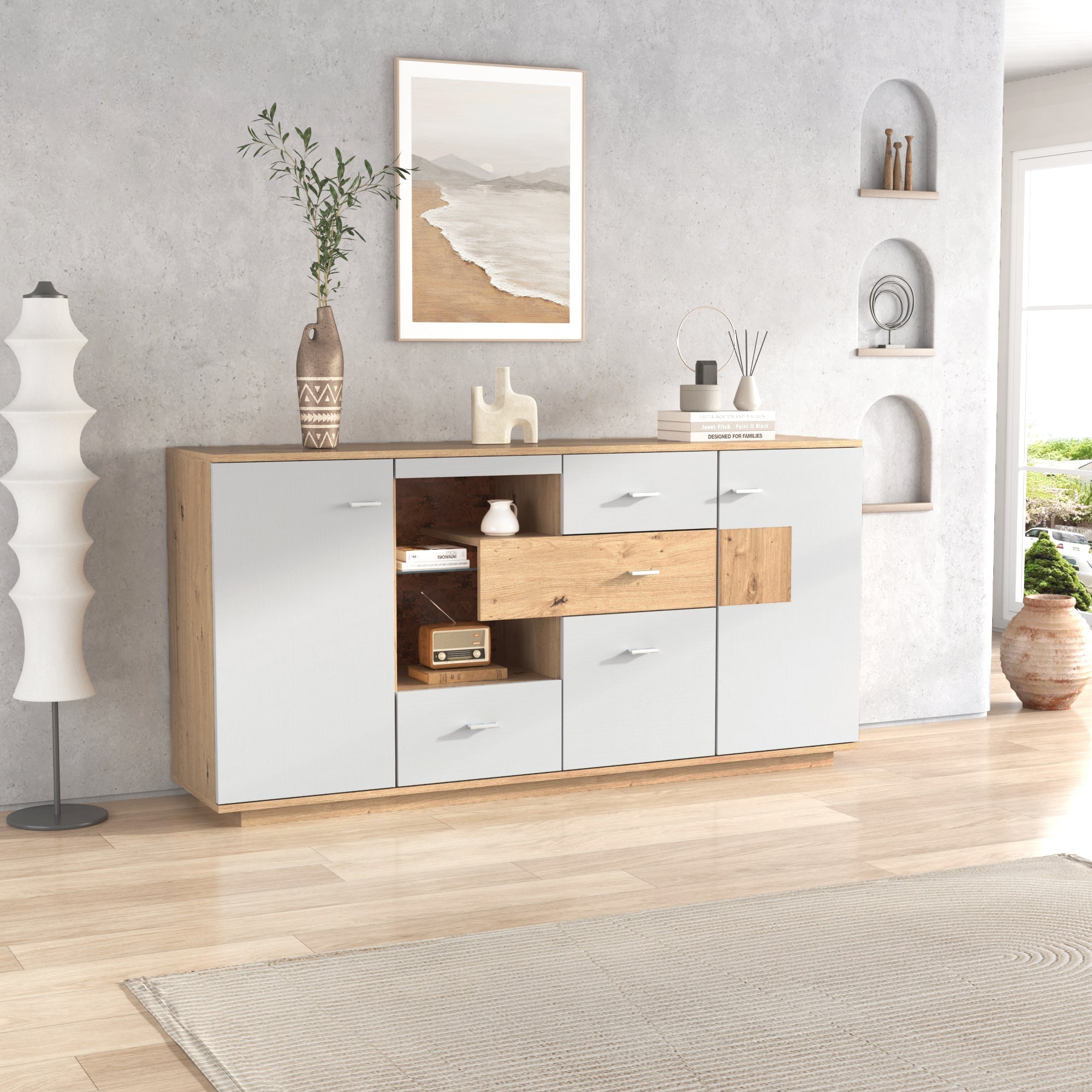 Modern Sideboard Cabinet with LED Lighting and 4 Drawers, White Wood Look