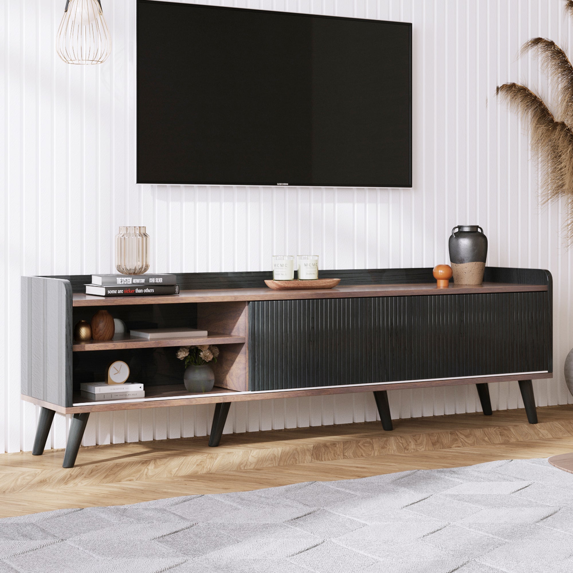 TV Cabinet, Two Drawers Sliding Doors Lowboard, Black and Natural Wood
