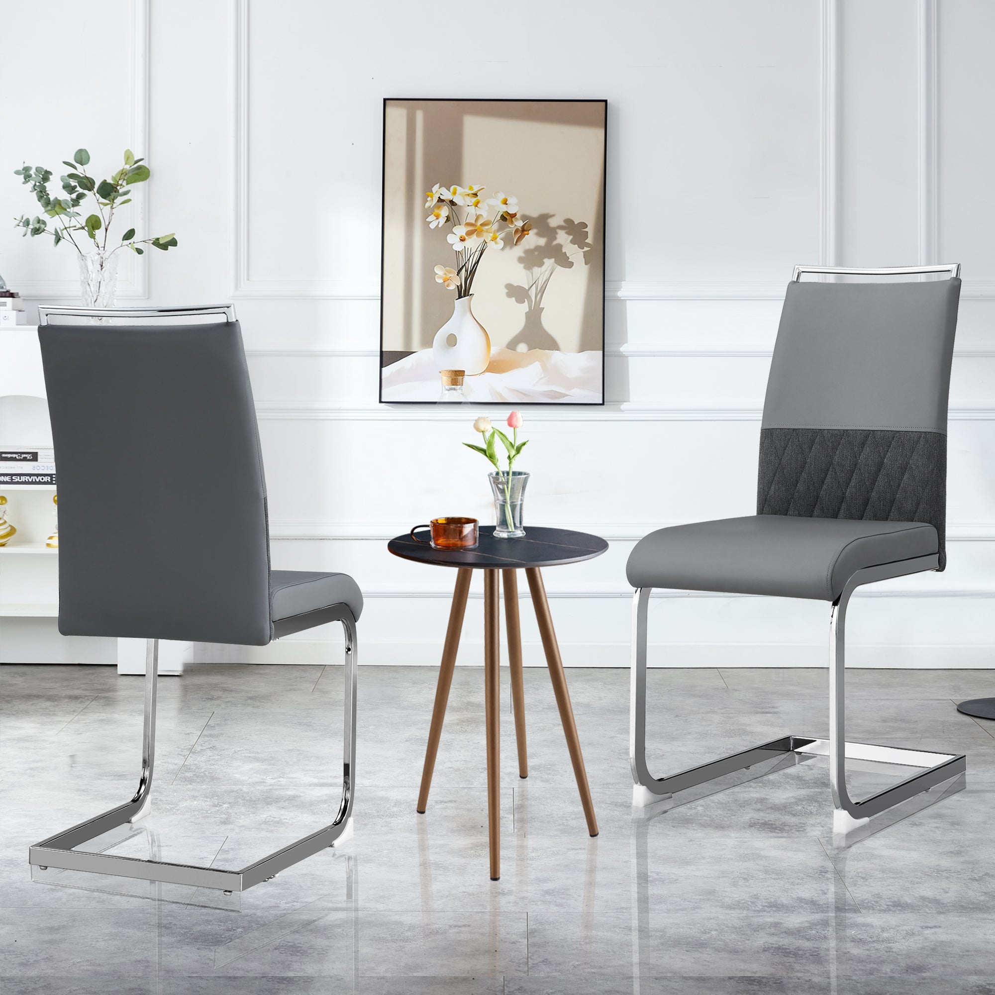 Modern Dining Chairs Set of 2, High Back Upholstered Side Chair with Horizontal Stripe Backrest Design, Grey - Clearance
