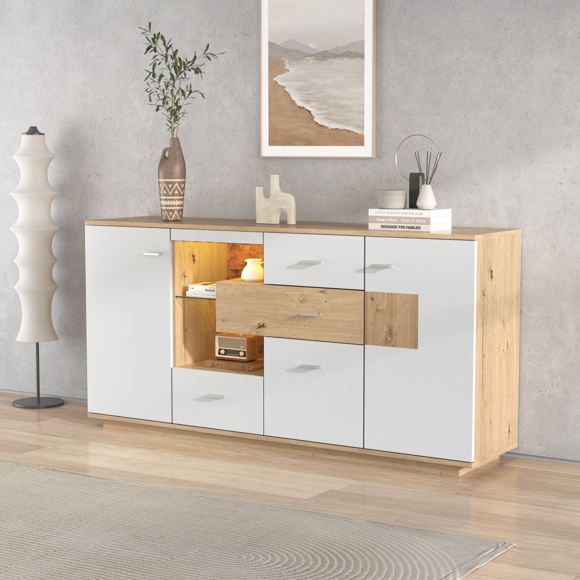 Modern Sideboard Cabinet with LED Lighting and 4 Drawers, White Wood Look