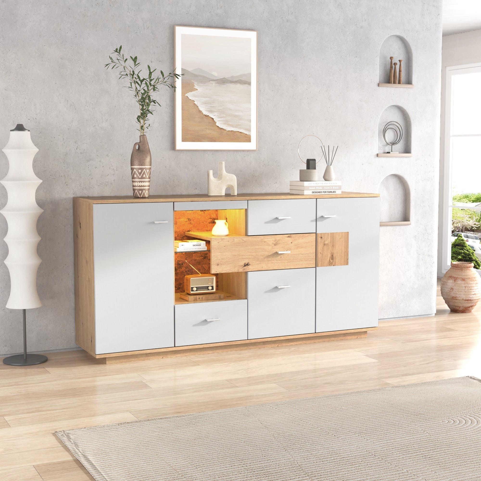 Modern Sideboard Cabinet with LED Lighting and 4 Drawers, White Wood Look