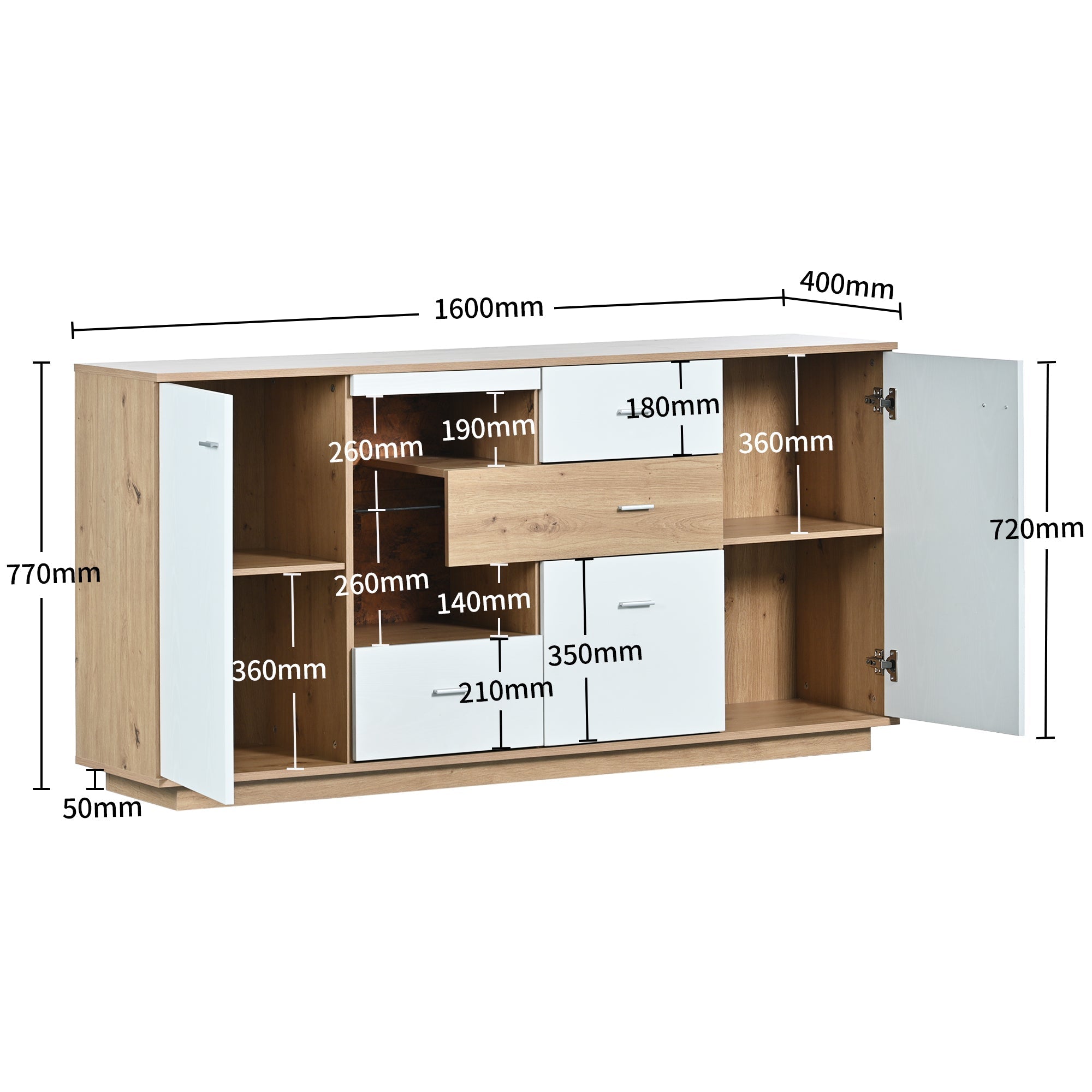 Modern Sideboard Cabinet with LED Lighting and 4 Drawers, White Wood Look
